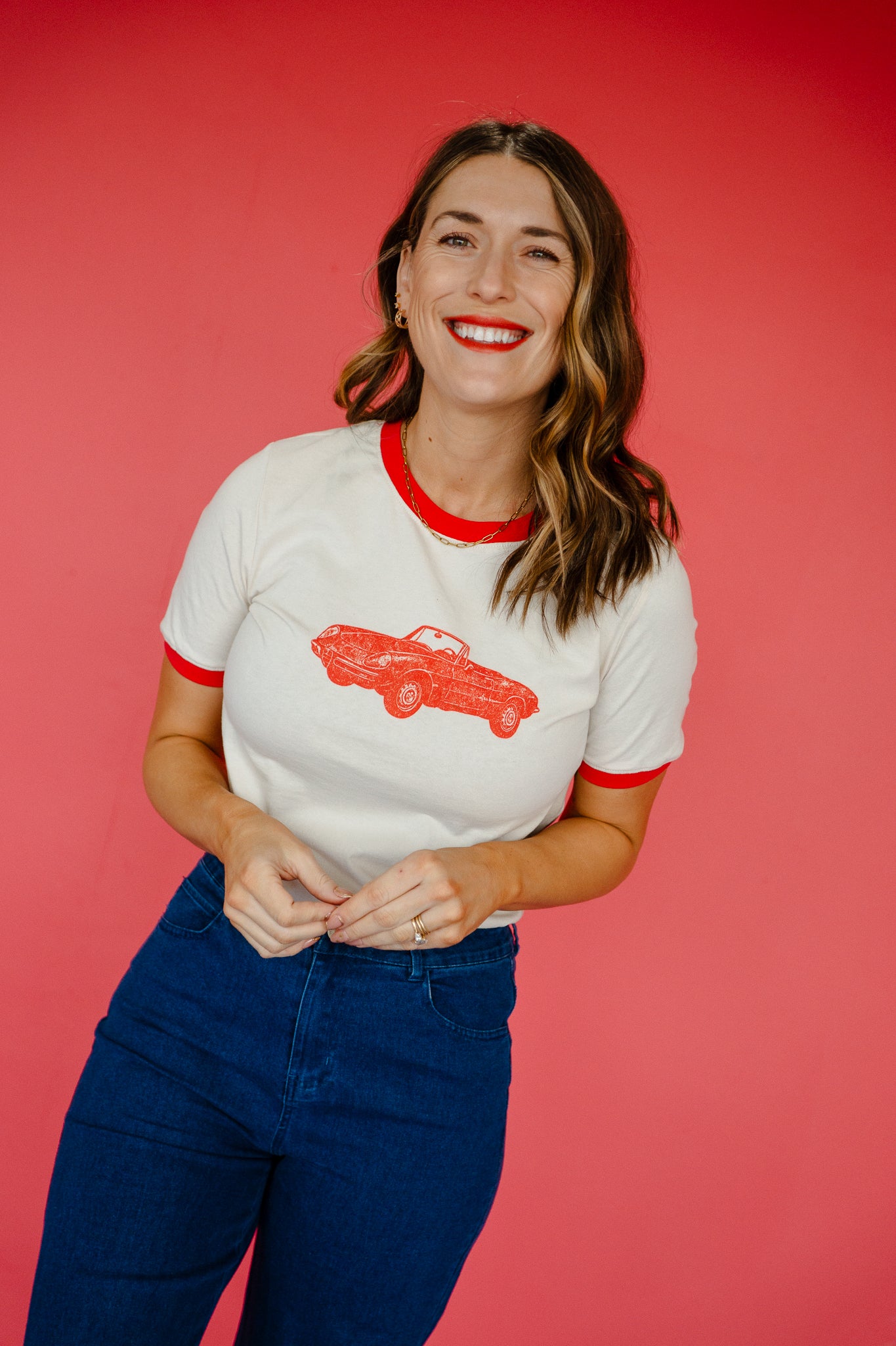 Adeline Graphic Tee - Beige + Red