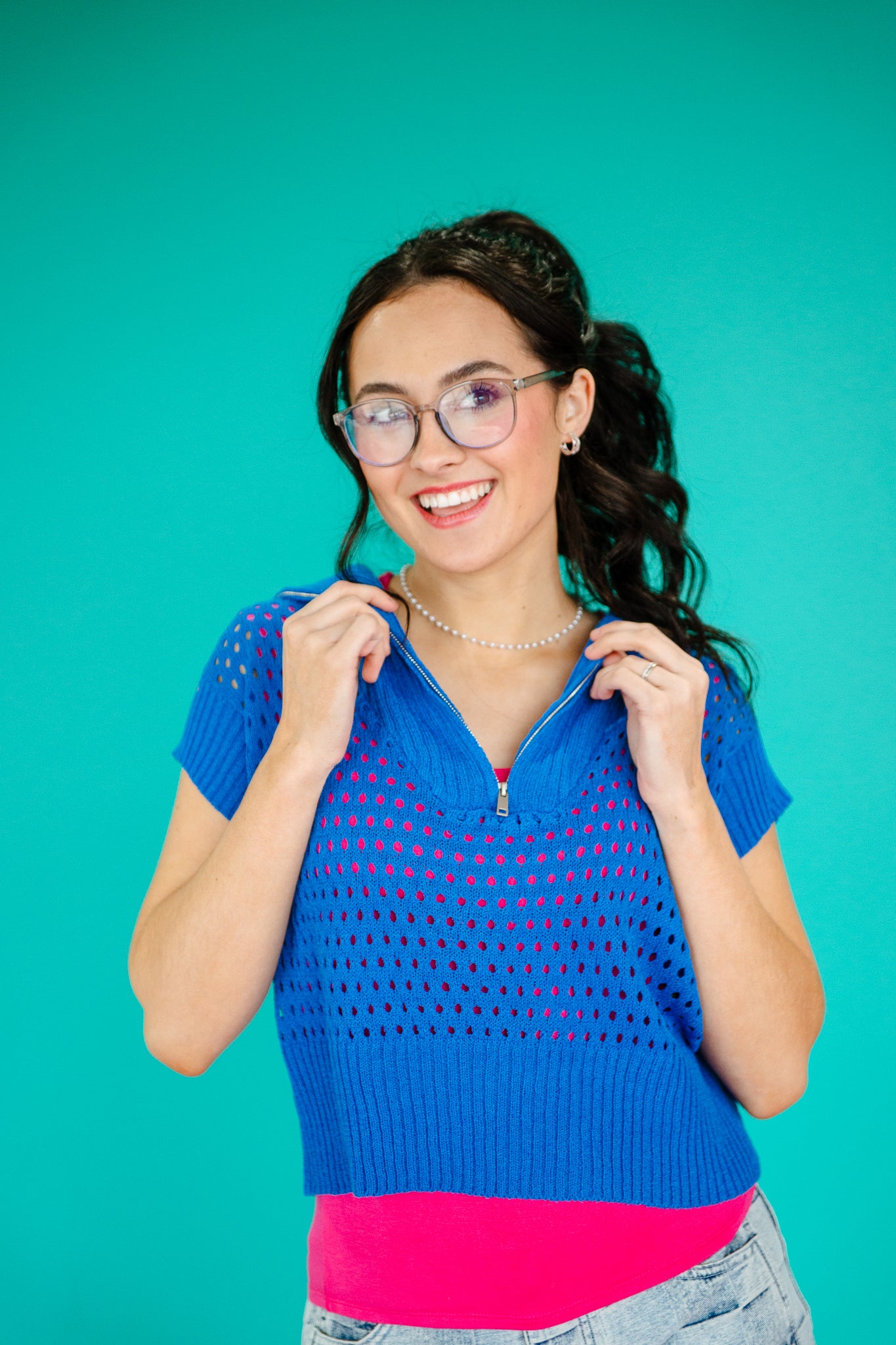 Liz Quarter Zip Sleeveless Sweater - Bright Navy