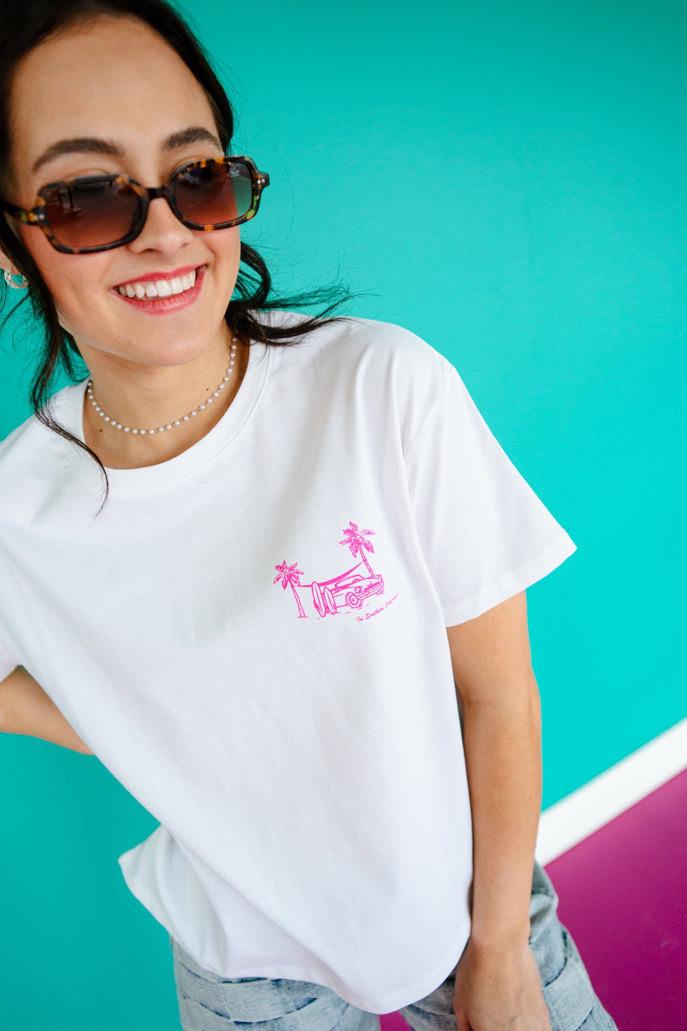 Surf and Chill Graphic Tee - Bright White + Hot Pink