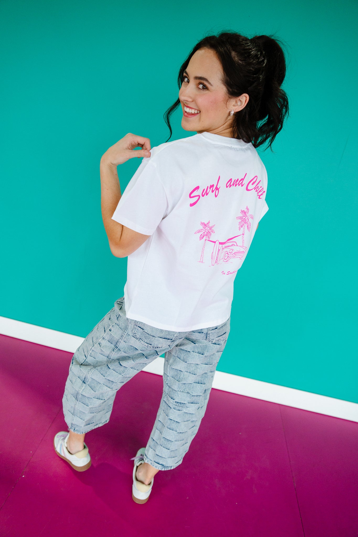 Surf and Chill Graphic Tee - Bright White + Hot Pink