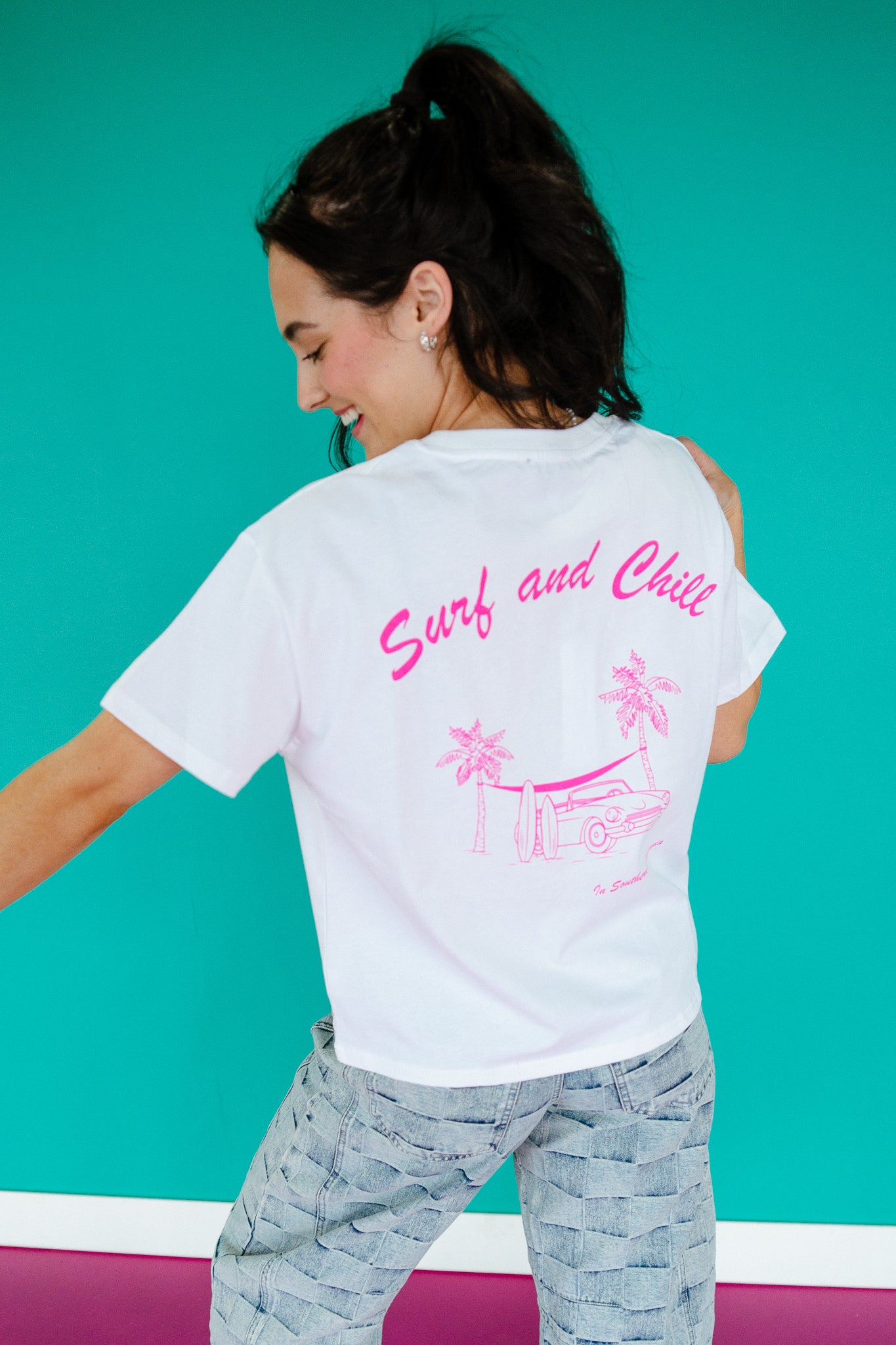 Surf and Chill Graphic Tee - Bright White + Hot Pink