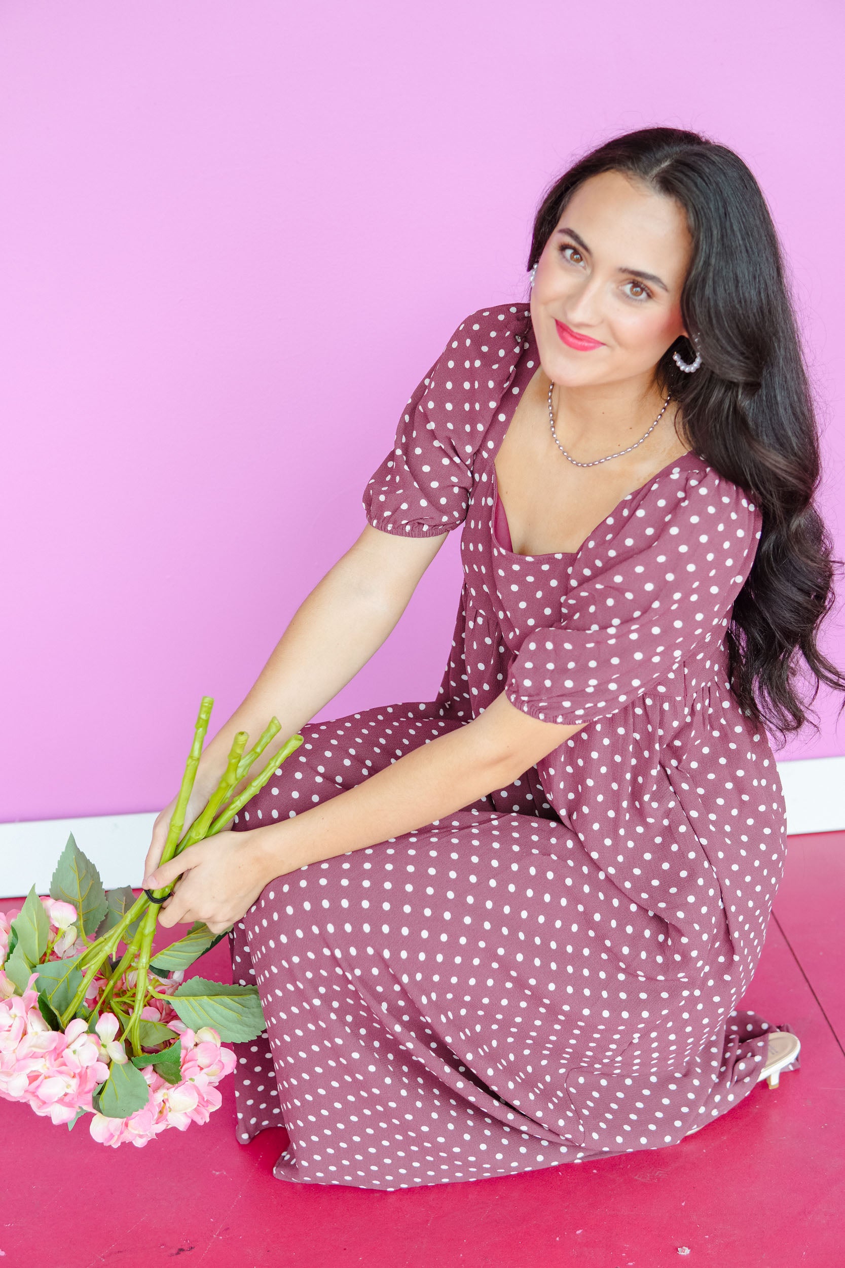 Raelyn Polka Dot Maxi Dress - Soft Burgundy