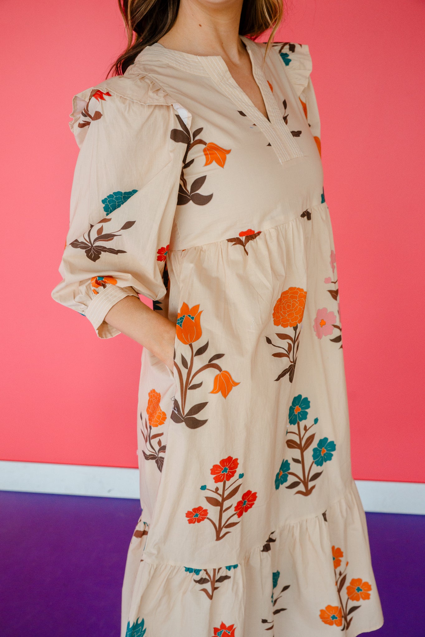 Christina Floral Midi Dress - Beige  + Orange