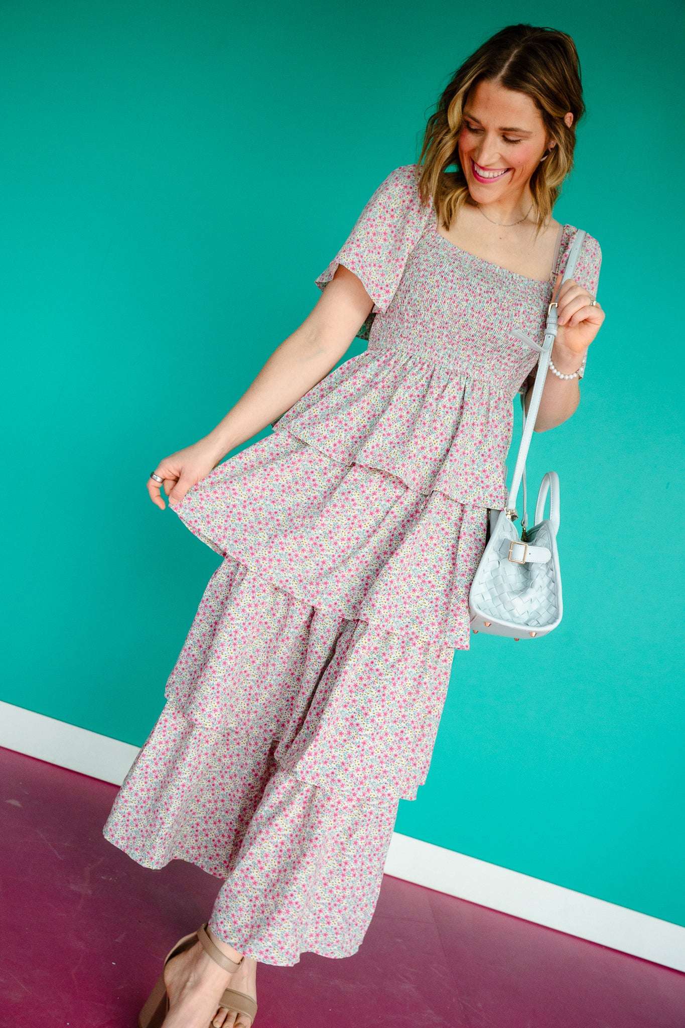Madeline Smocked Ruffle Maxi Dress - Light Blue + Raspberry + Soft White