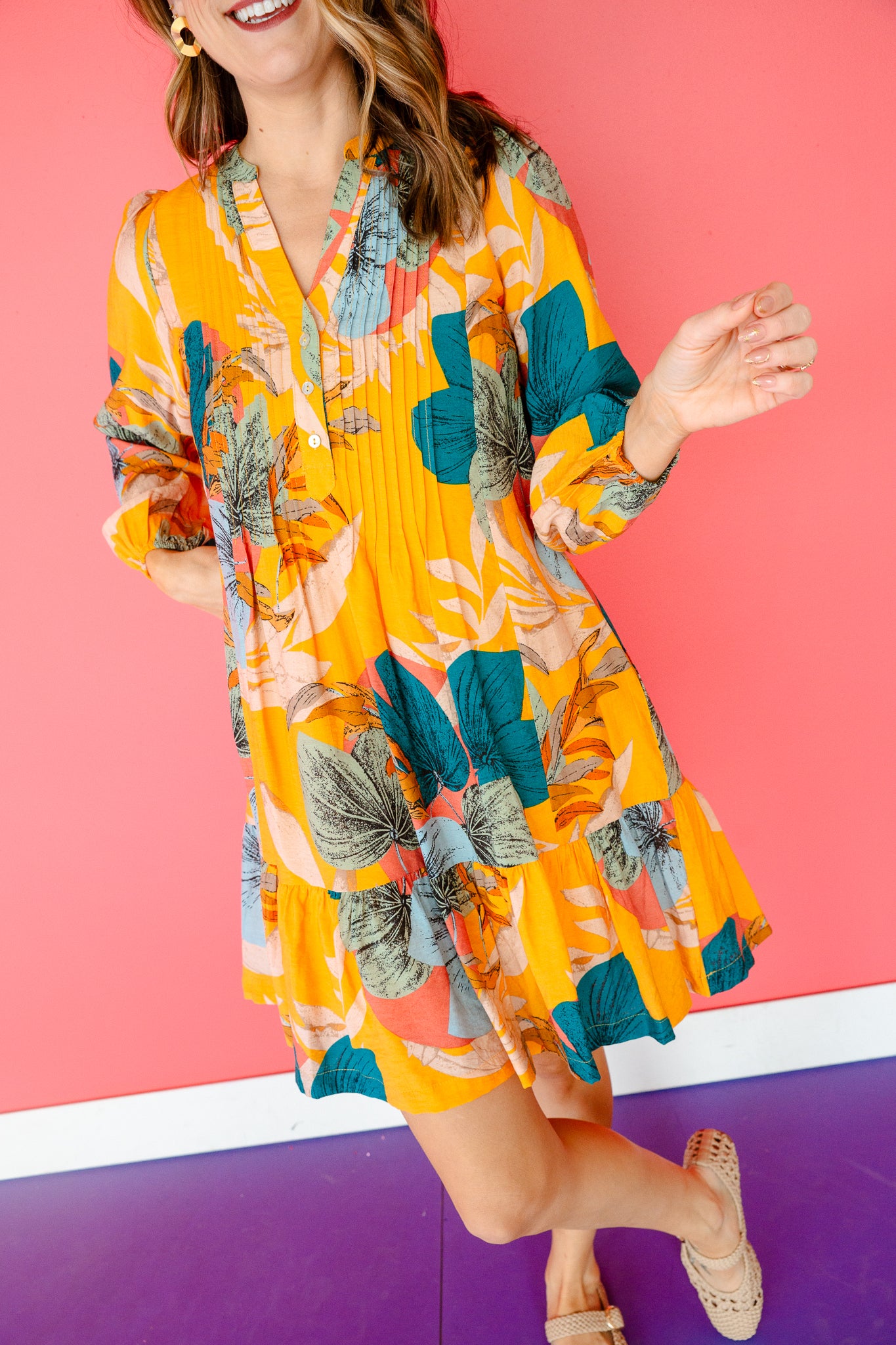 Francine Printed Mini Dress - Mustard + Kingfisher