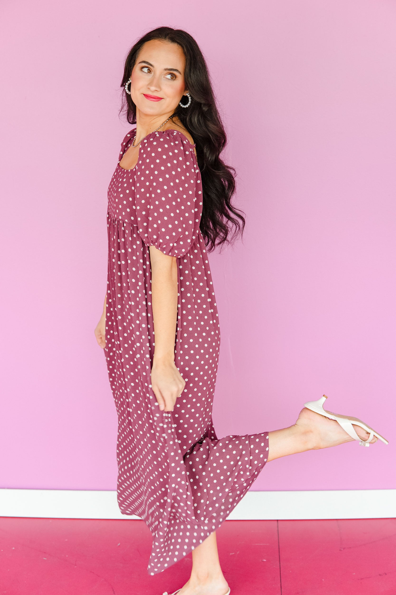Raelyn Polka Dot Maxi Dress - Soft Burgundy