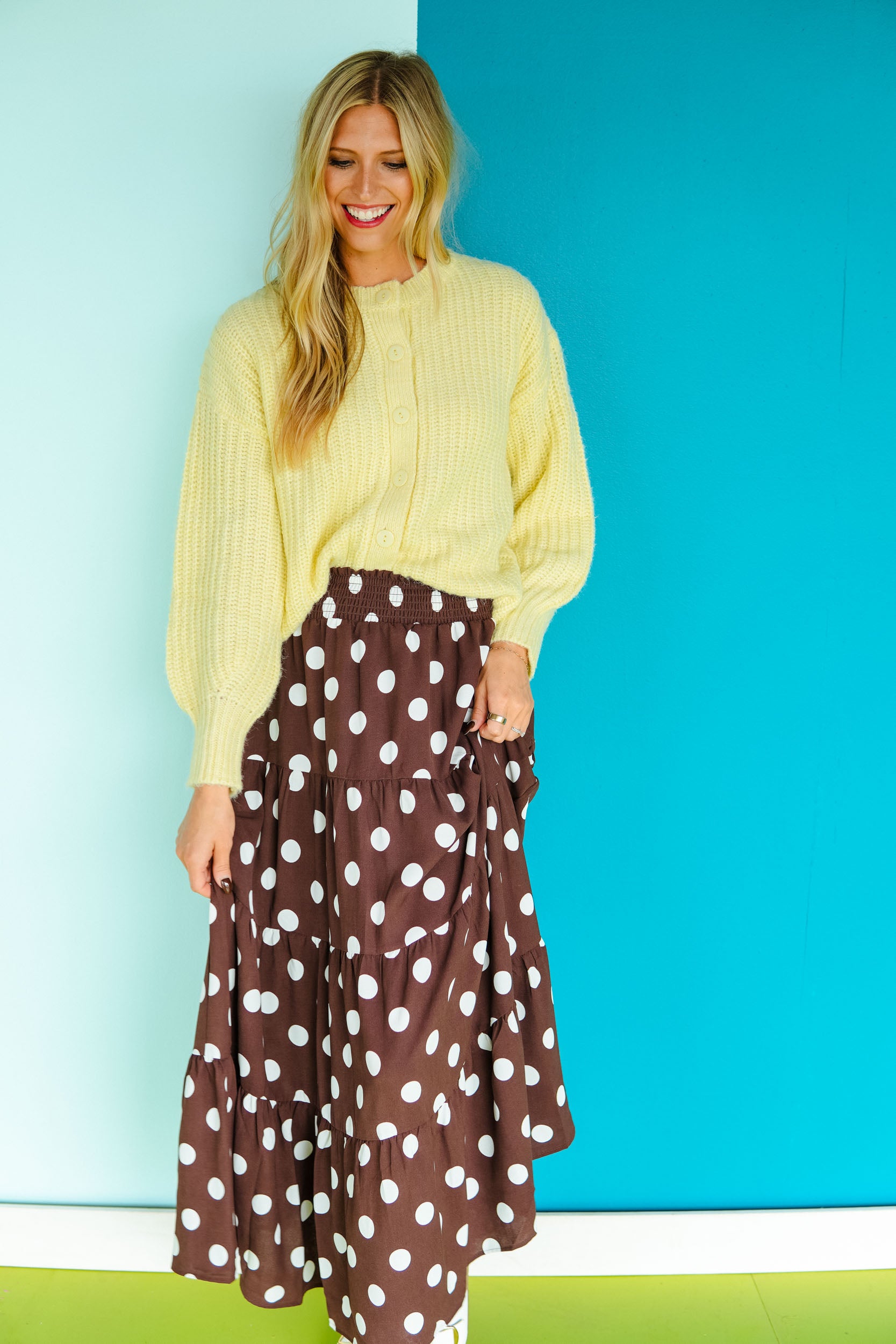 Nicki Tiered Polka Dot Maxi Skirt - Dark Brown