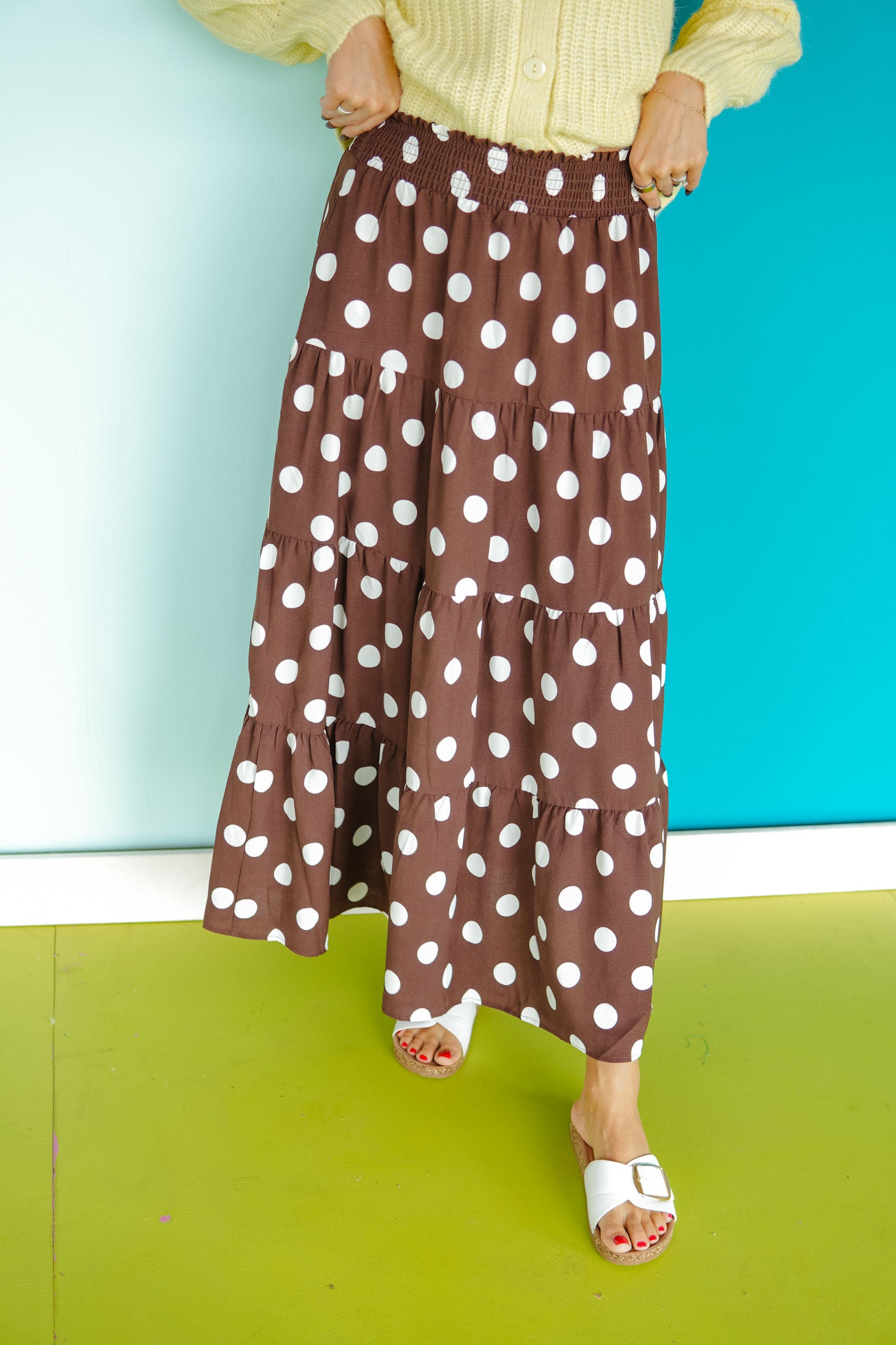 Nicki Tiered Polka Dot Maxi Skirt - Dark Brown