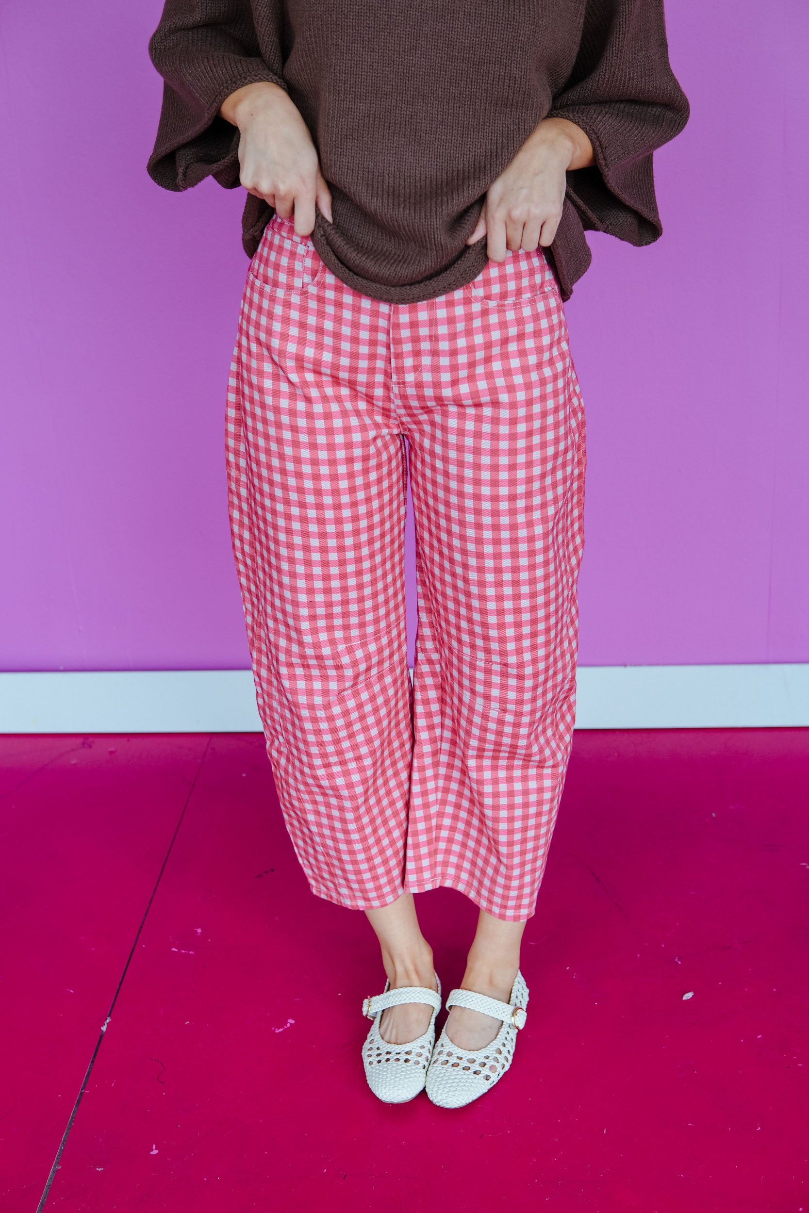 Sweet Talk Gingham Barrel Pants - Musk Pink