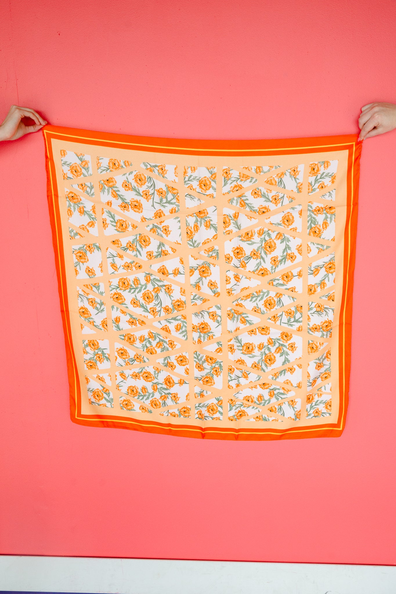 Tandy Oversized Floral Silky Bandana Scarf - Orange