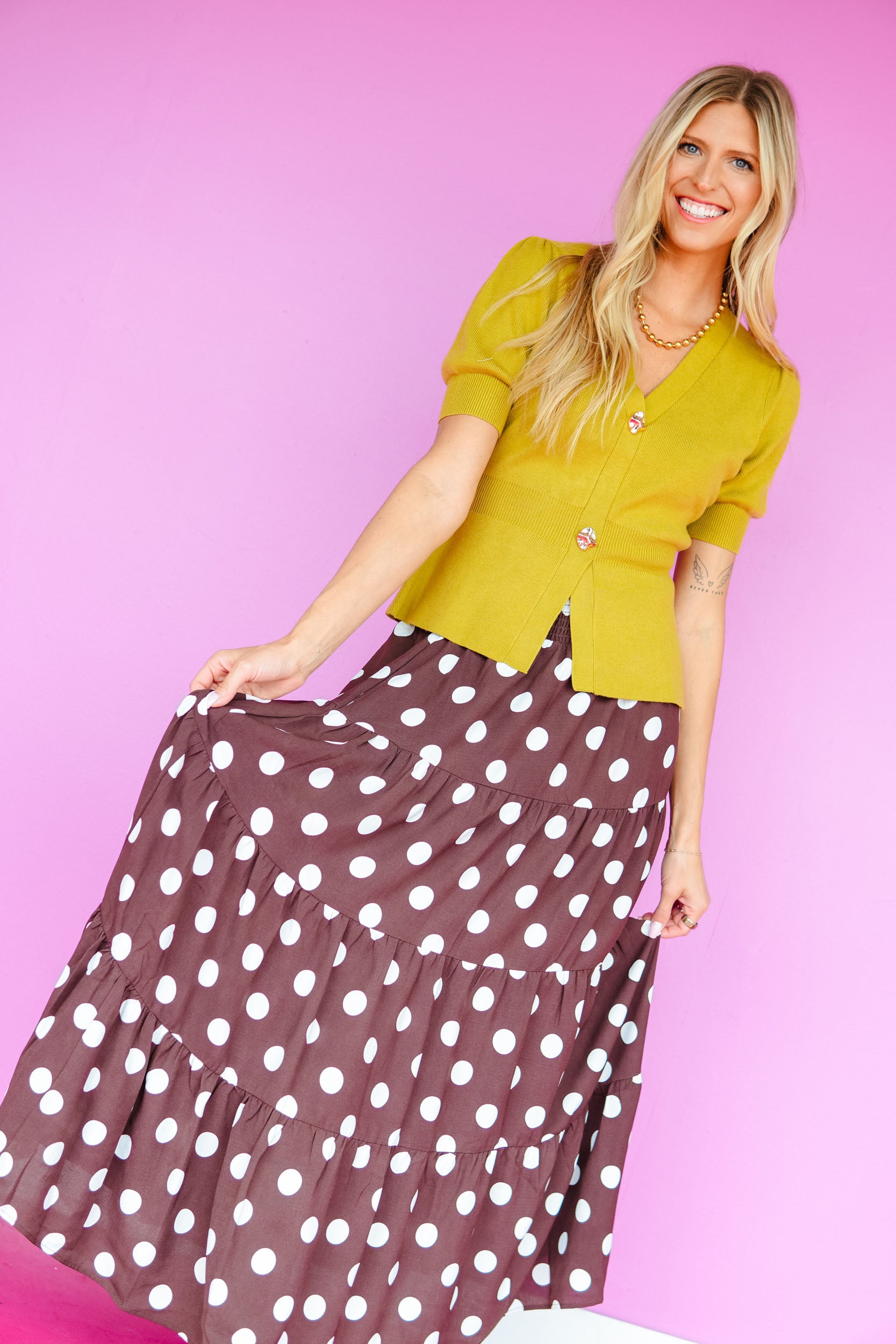 Nicki Tiered Polka Dot Maxi Skirt - Dark Brown