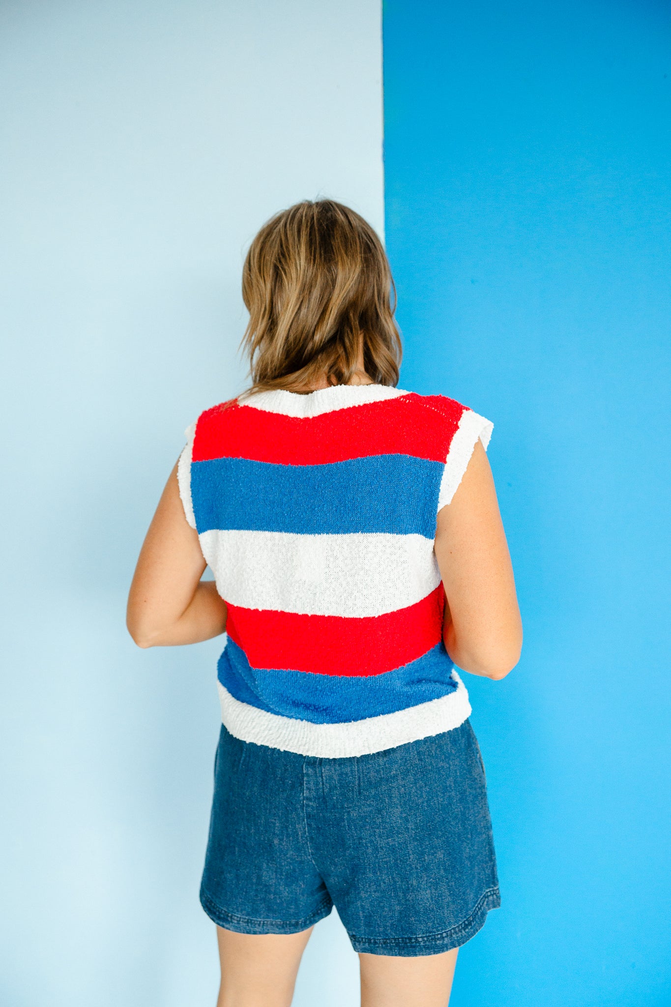 London Sleeveless Sweater - Cool Red + Cornflower + Soft White