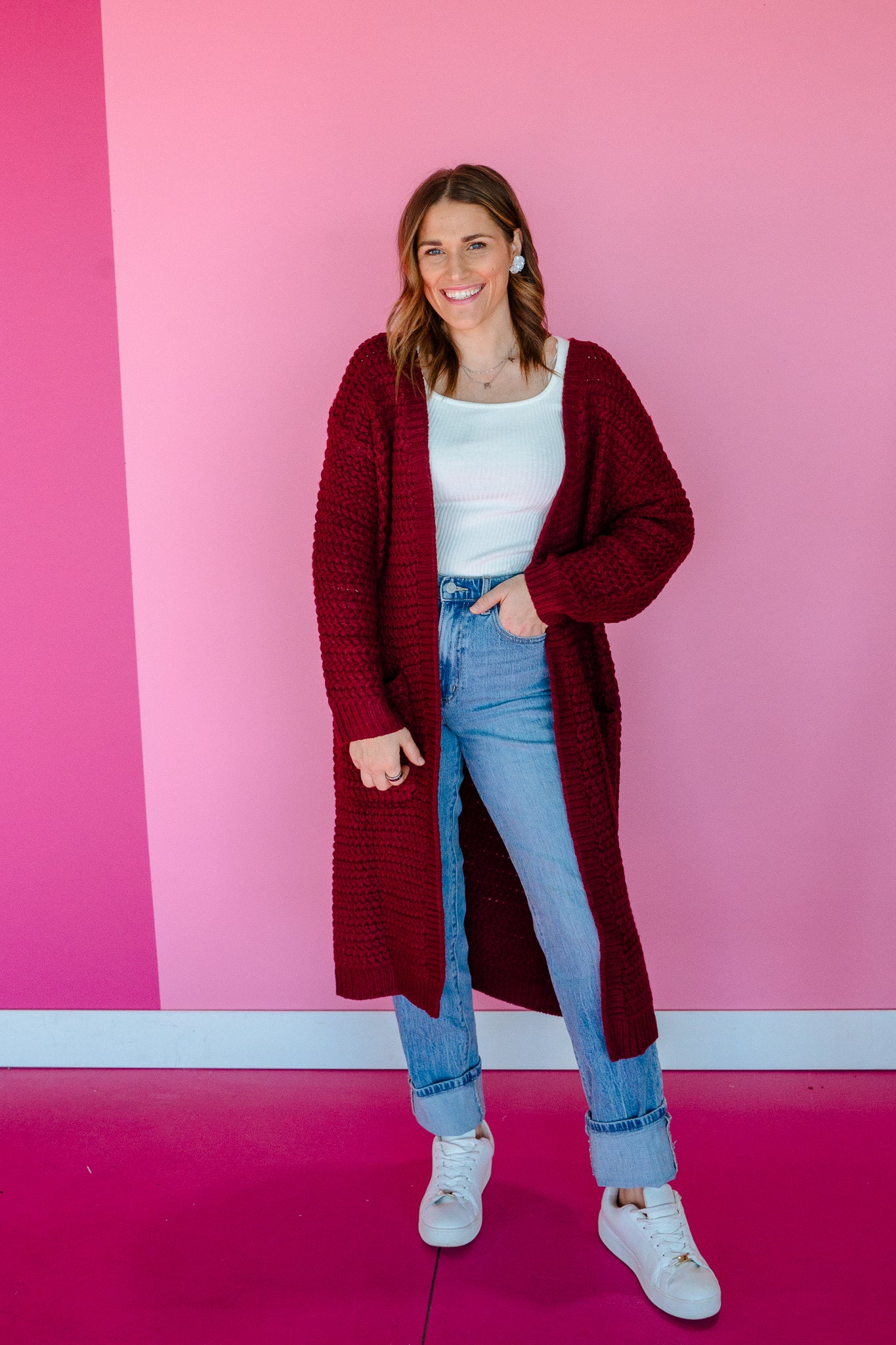 Noelle Long Textured Cardigan - Burgundy