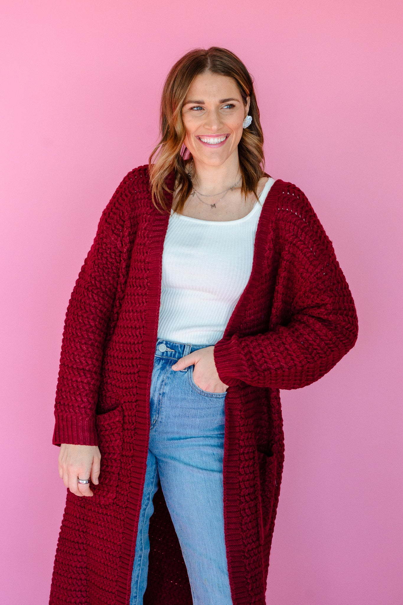 Noelle Long Textured Cardigan - Burgundy