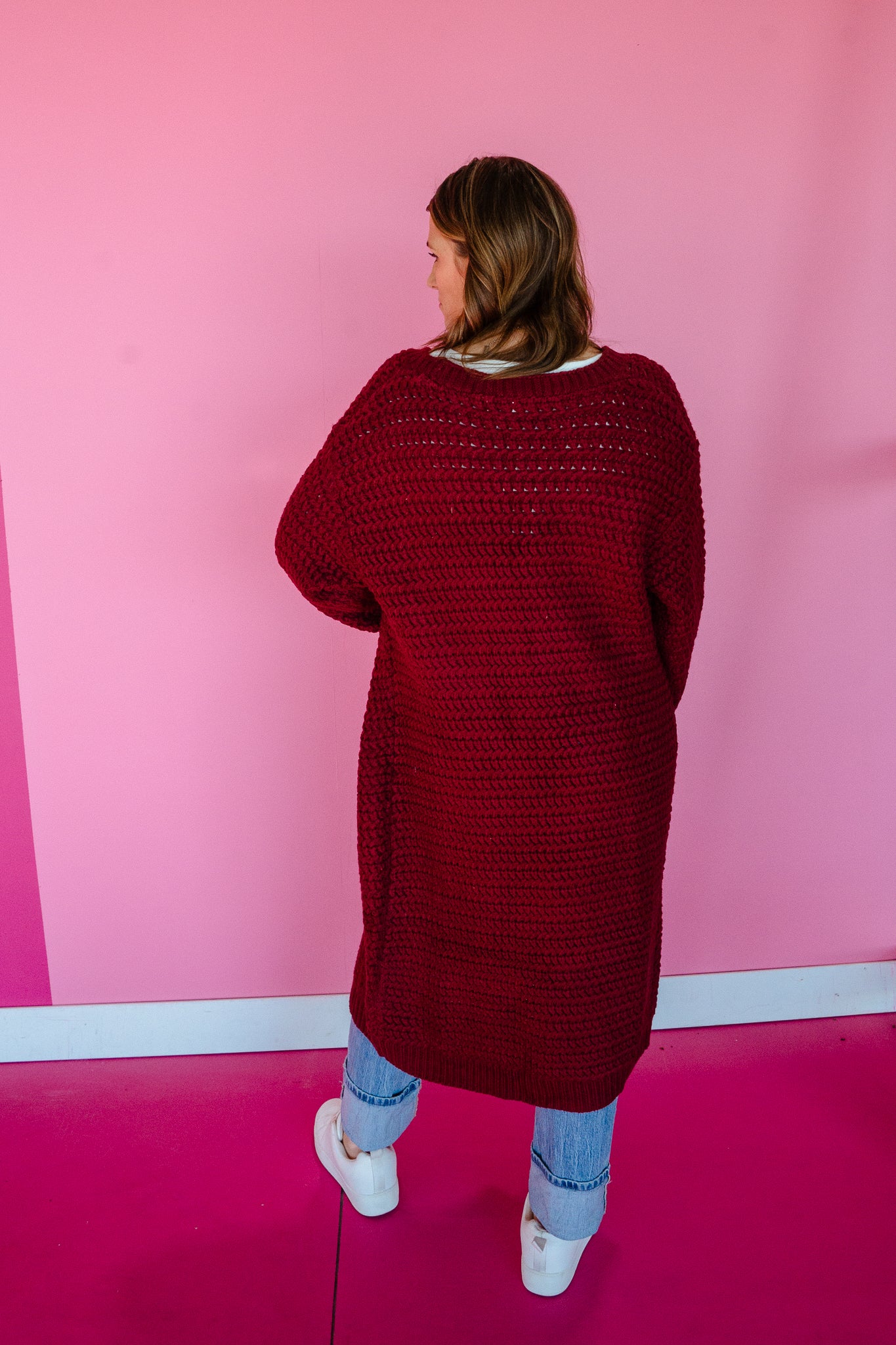 Noelle Long Textured Cardigan - Burgundy