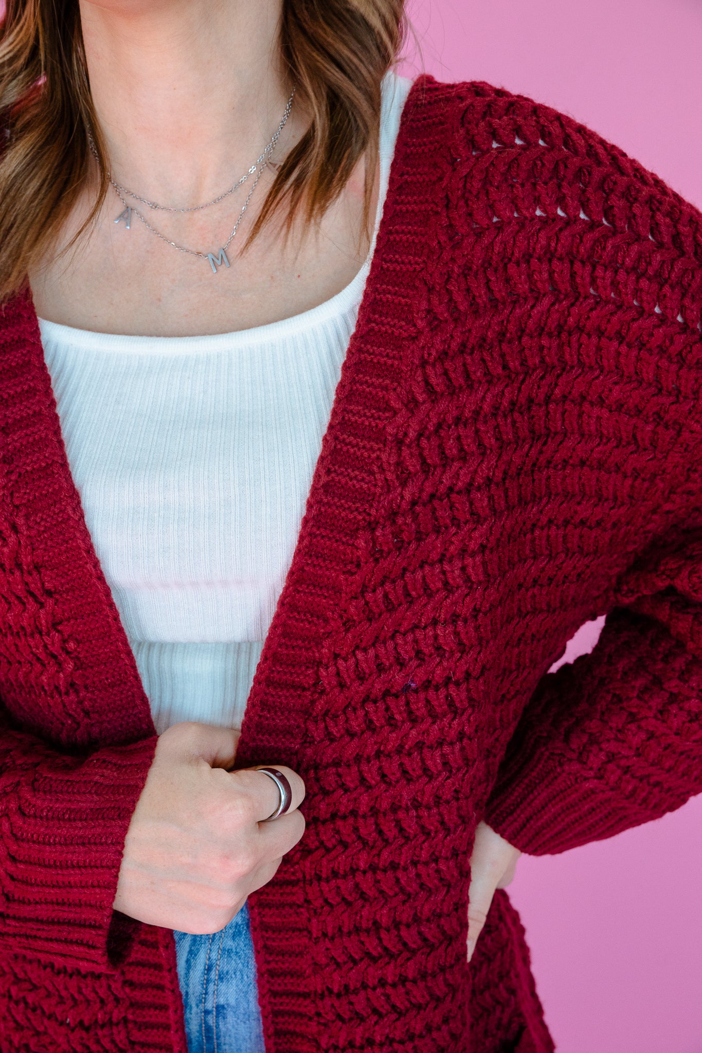 Noelle Long Textured Cardigan - Burgundy