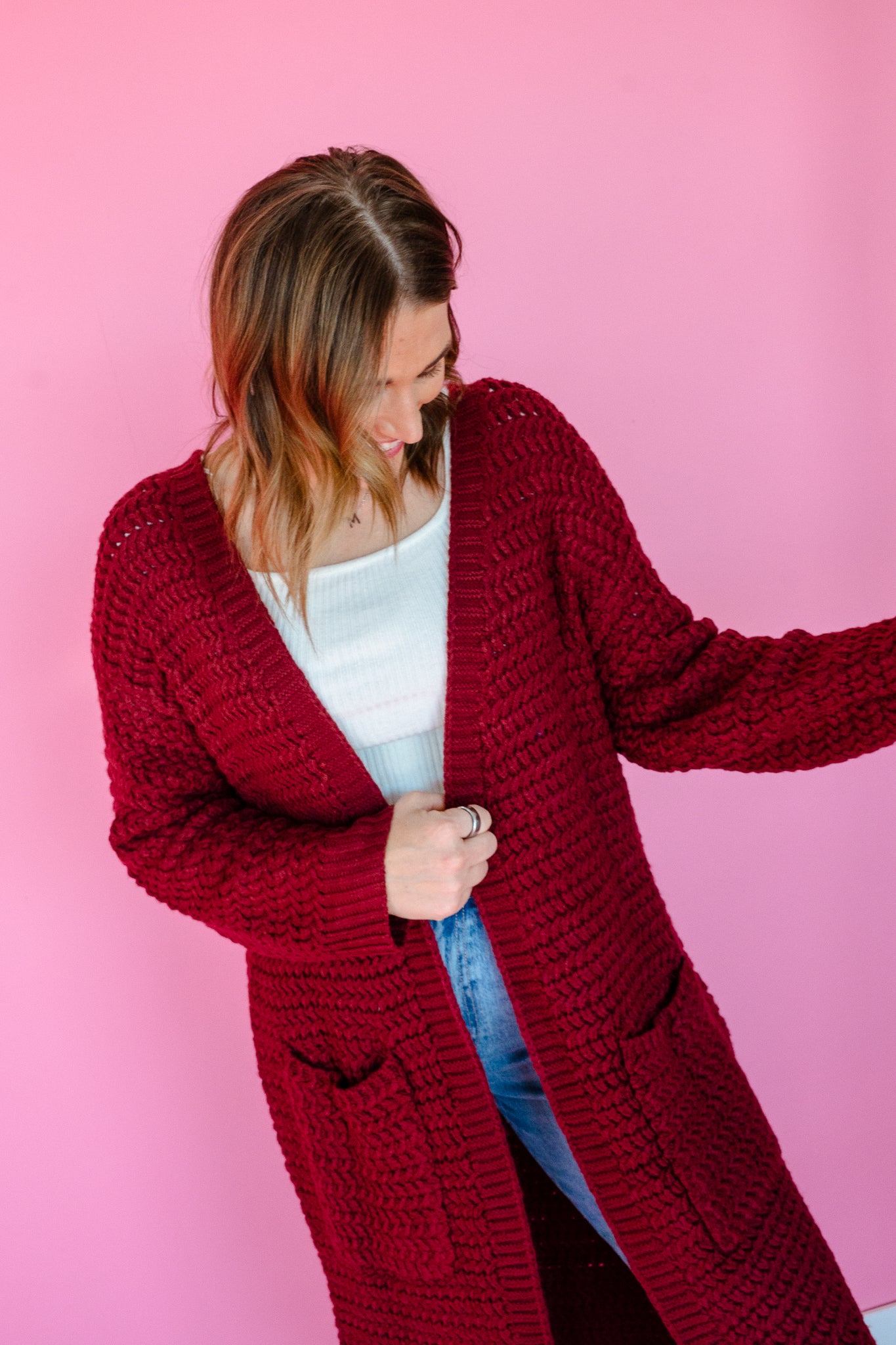 Noelle Long Textured Cardigan - Burgundy