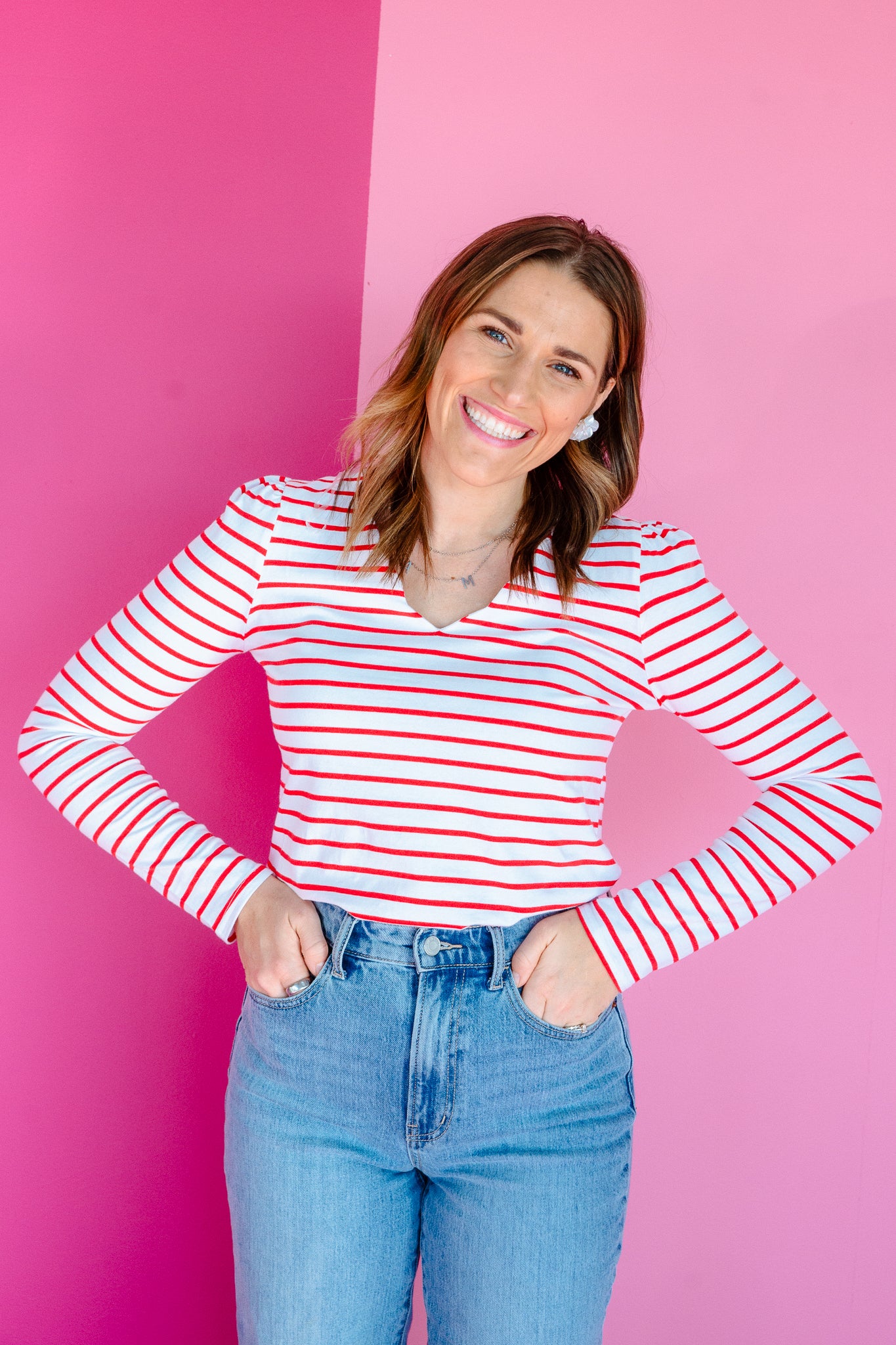 Carol Striped Scalloped Neck Tee - True Red + White