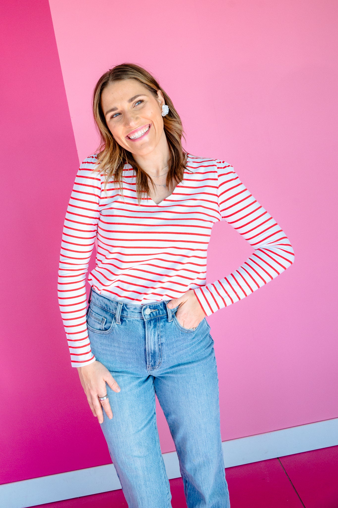 Carol Striped Scalloped Neck Tee - True Red + White