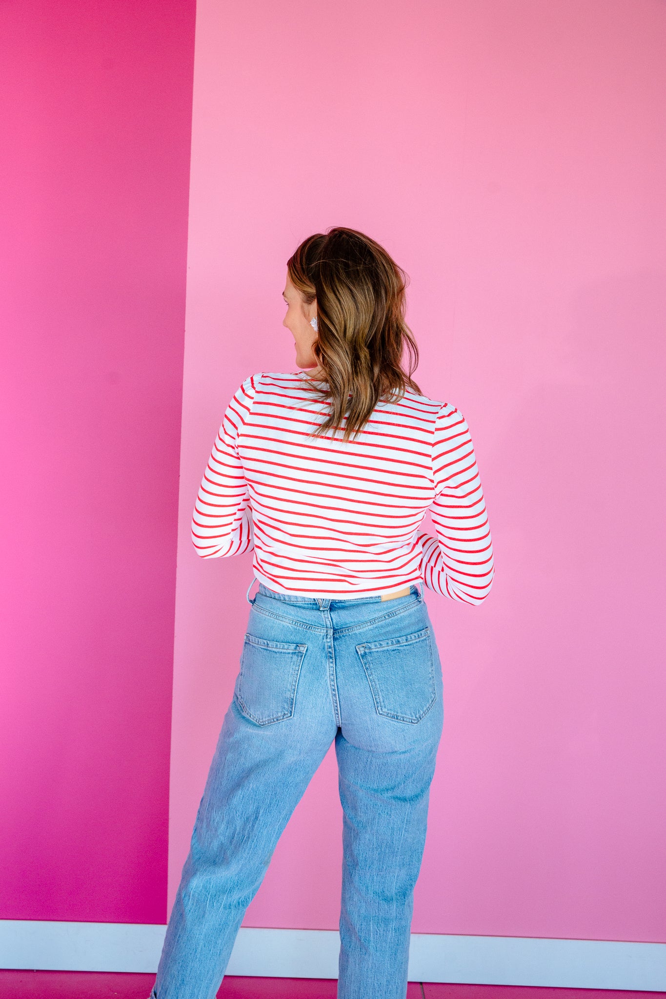 Carol Striped Scalloped Neck Tee - True Red + White