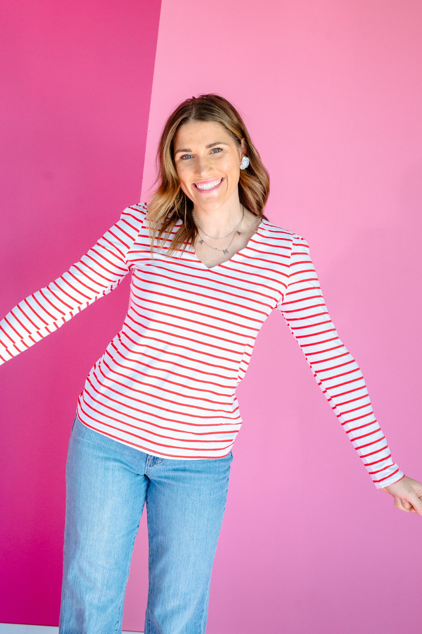 Carol Striped Scalloped Neck Tee - True Red + White