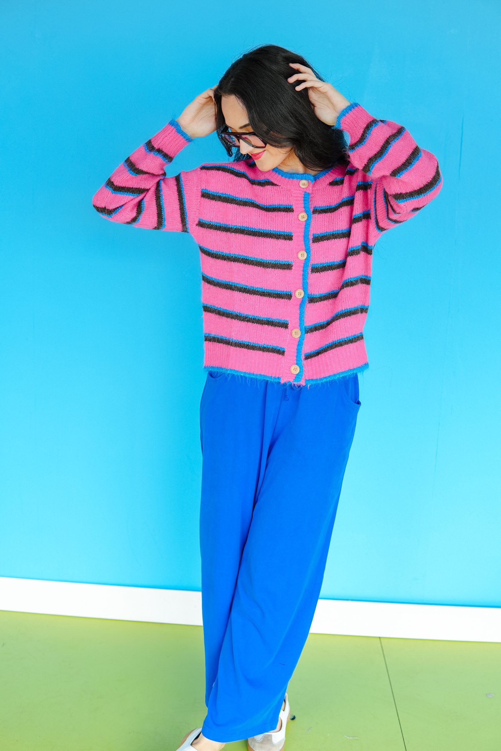 Lainey Striped Cardigan Sweater - Hot Pink