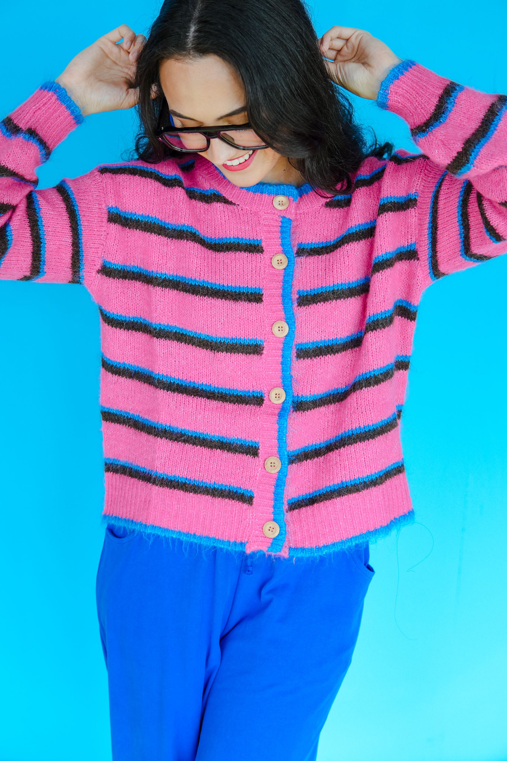 Lainey Striped Cardigan Sweater - Hot Pink