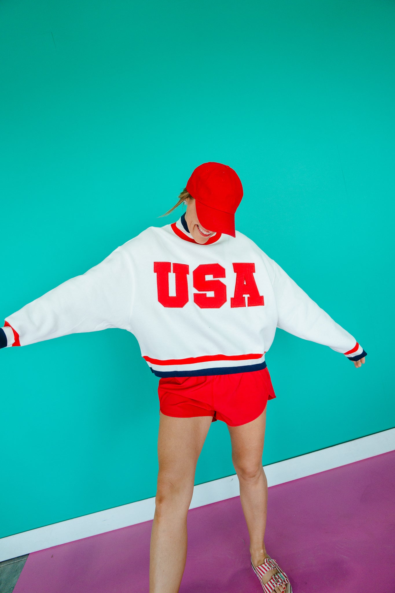 Land of the Free Mock Neck Sweatshirt - Soft White + True Red + Navy
