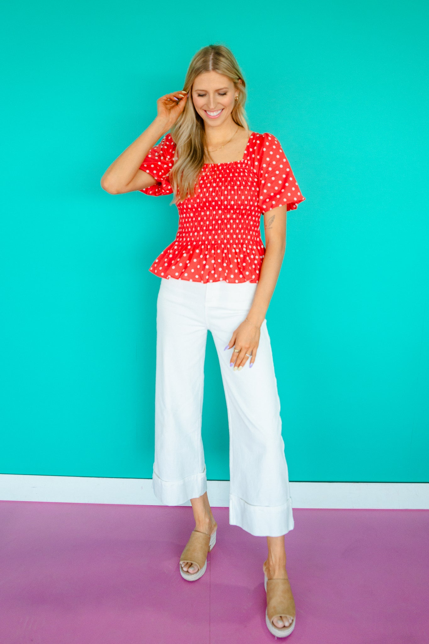 Dolly Smocked Peplum Top - Coral Red