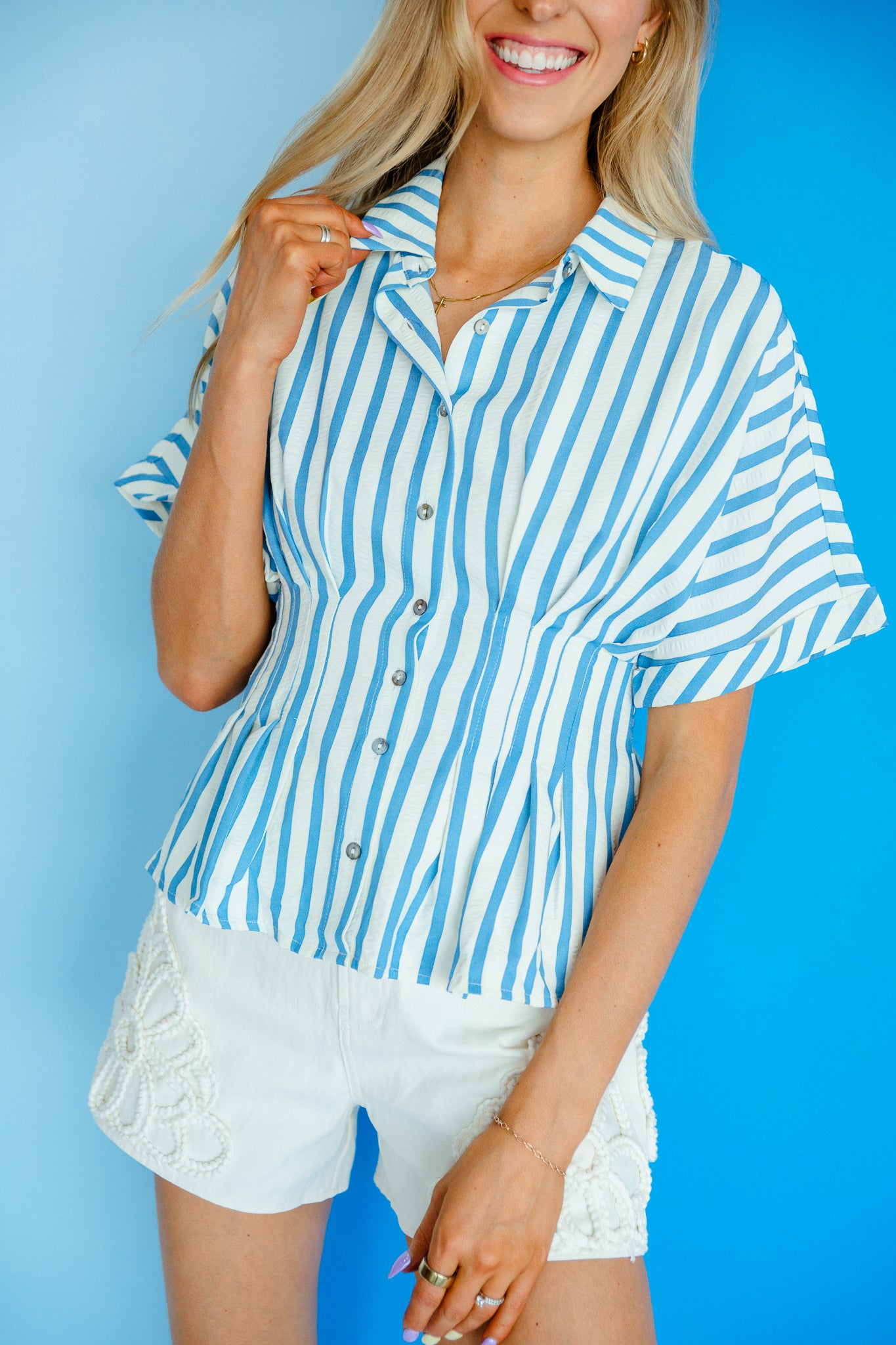 Pauline Pintuck Blouse - Cream + Light Oxford Blue