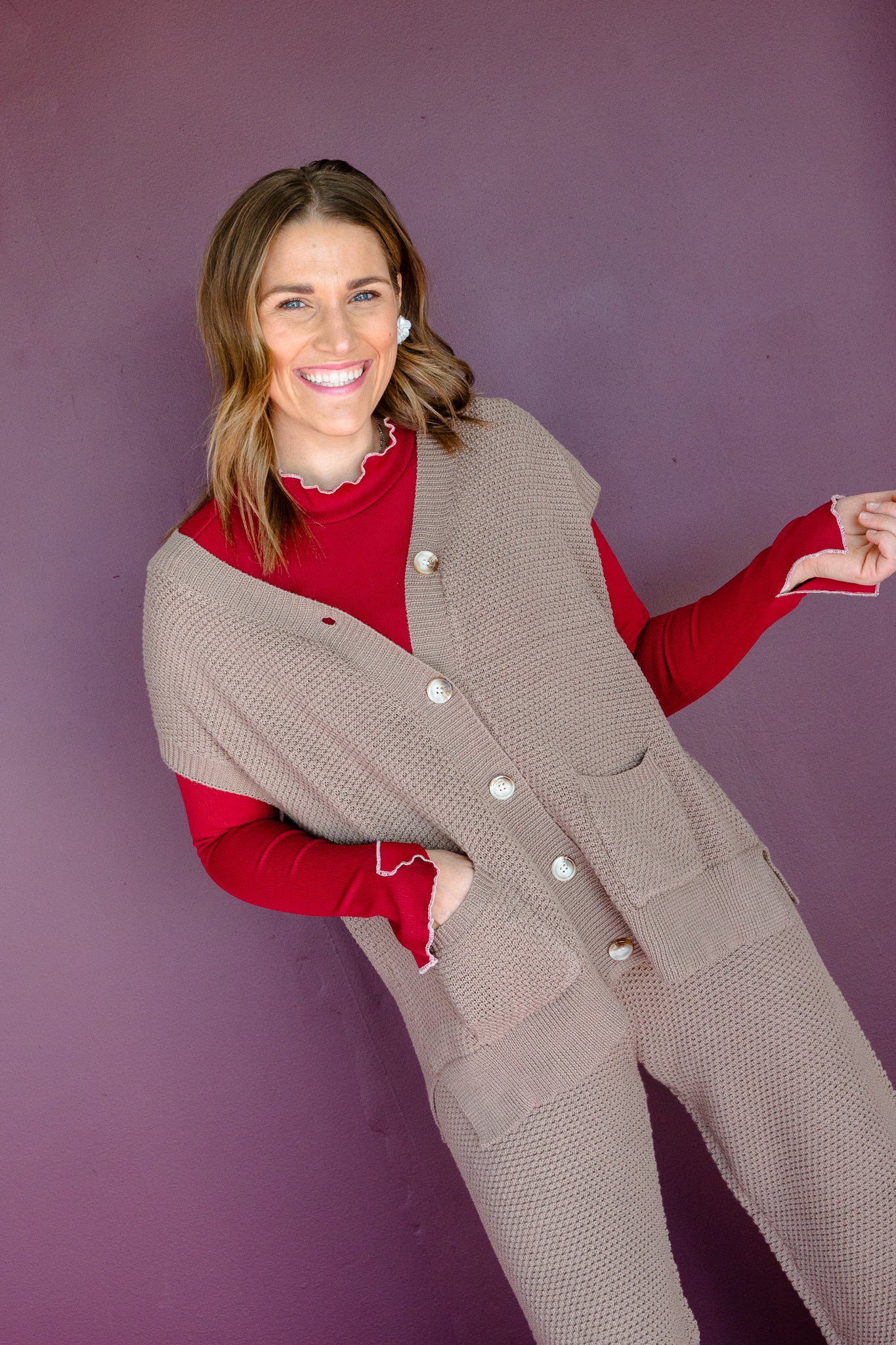 Erica Waffle Knit Vest and Pant Set - Rose Brown