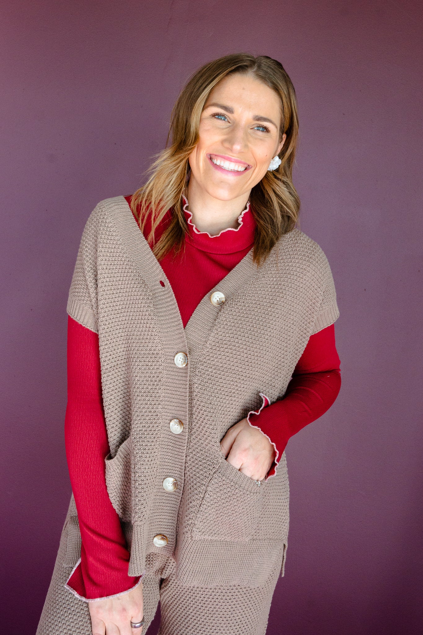 Erica Waffle Knit Vest and Pant Set - Rose Brown