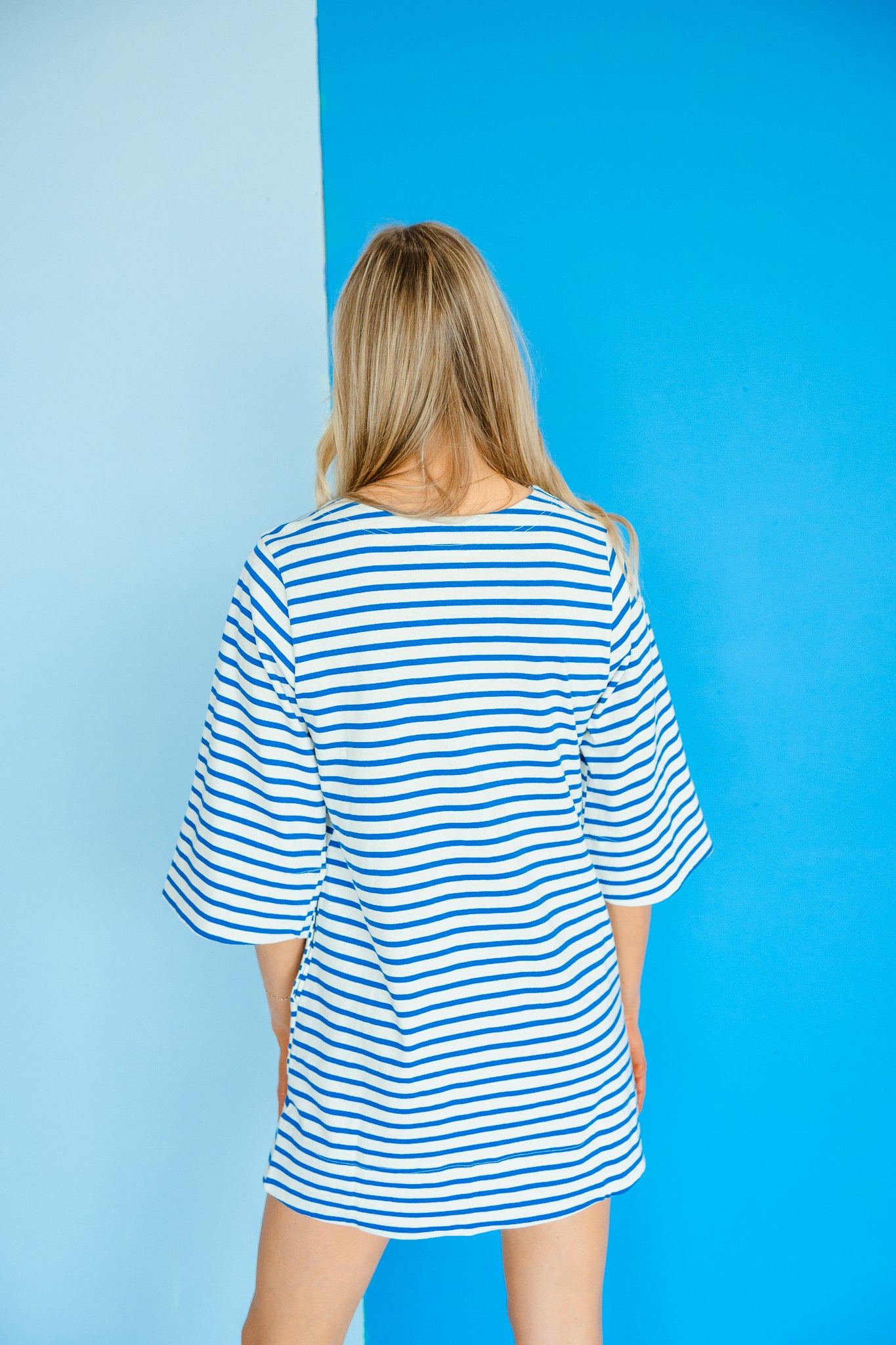 Genevieve Striped Mini Dress - Soft White + Bright Blue