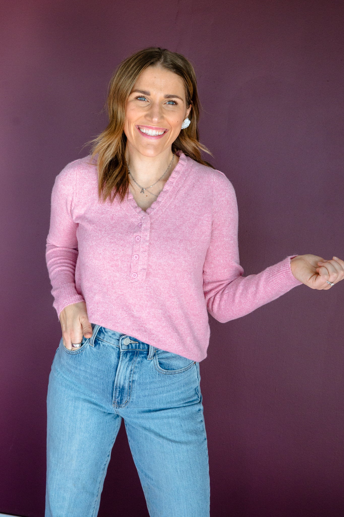 Kendra Ruffle Neck Henley Sweater