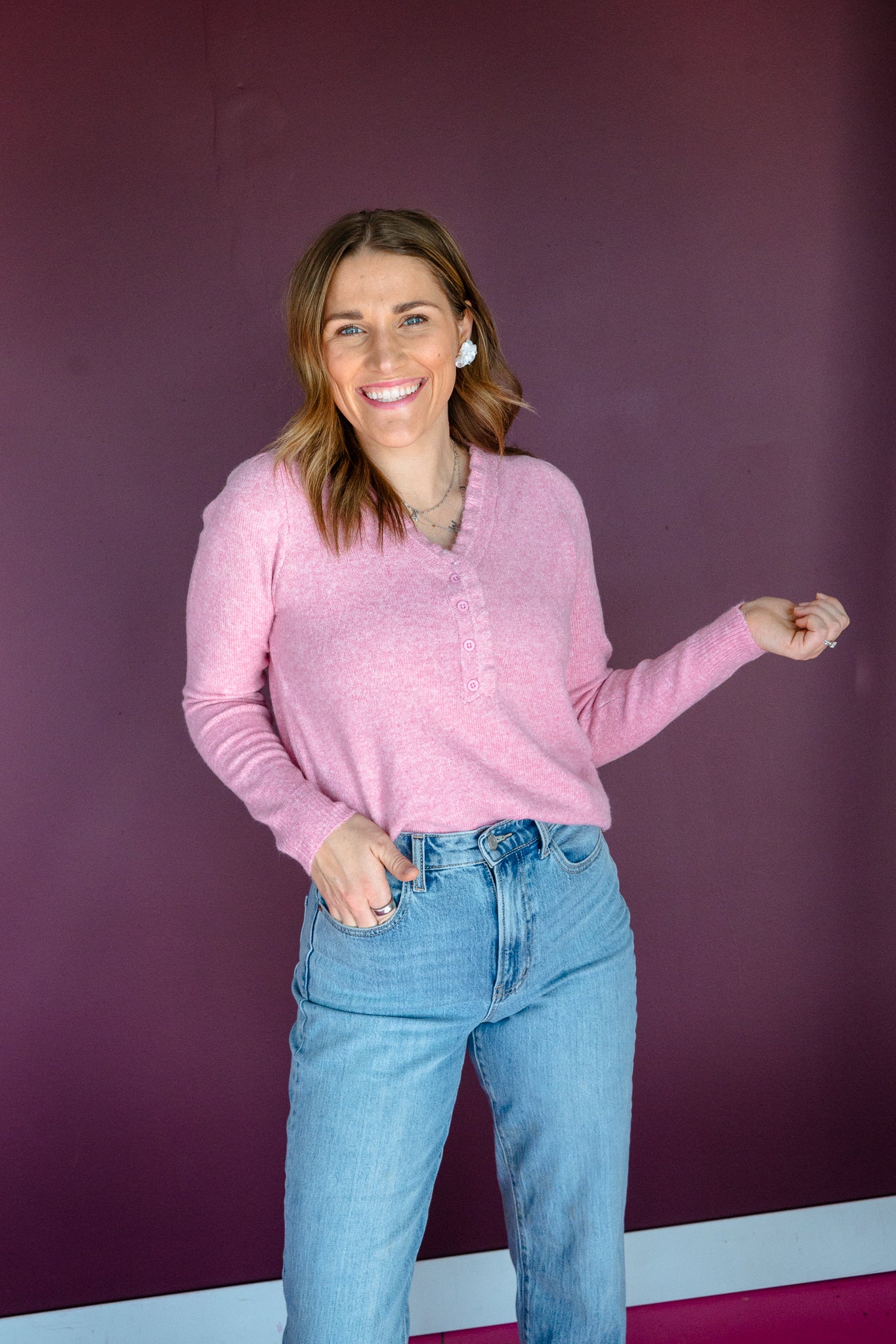 Kendra Ruffle Neck Henley Sweater