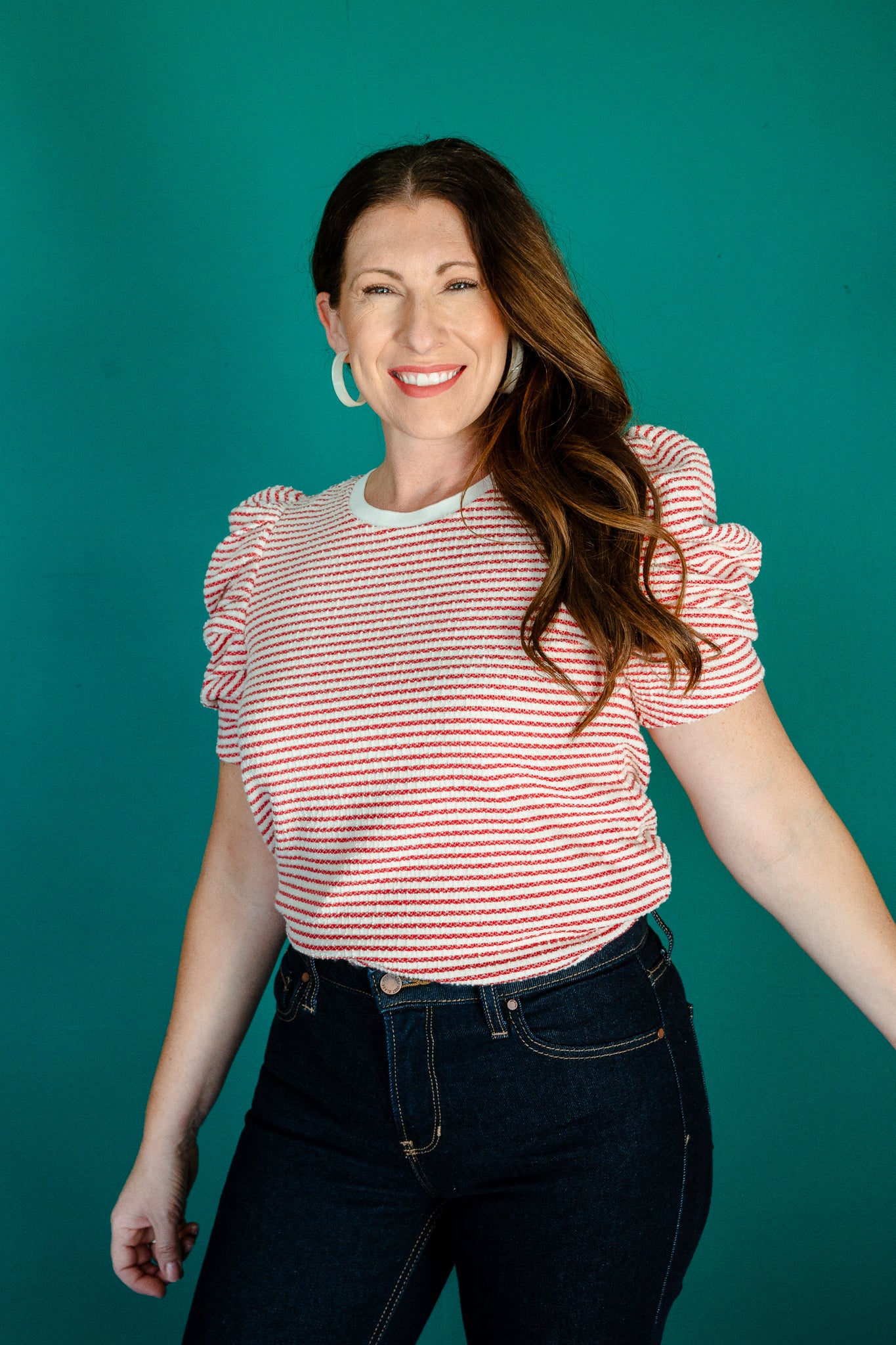 Joss Striped Puff Sleeve Top - Oyster + Brick