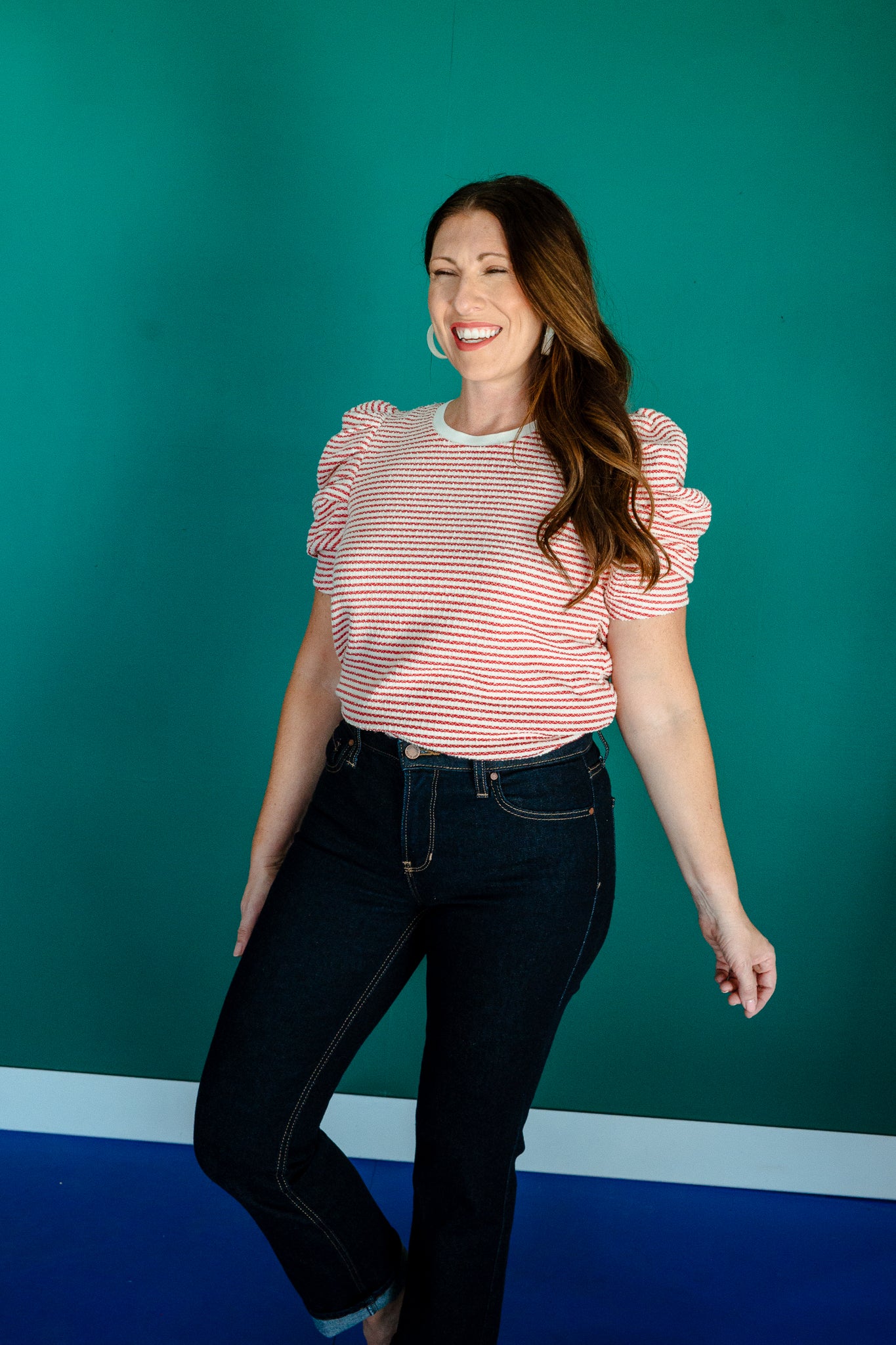 Joss Striped Puff Sleeve Top - Oyster + Brick