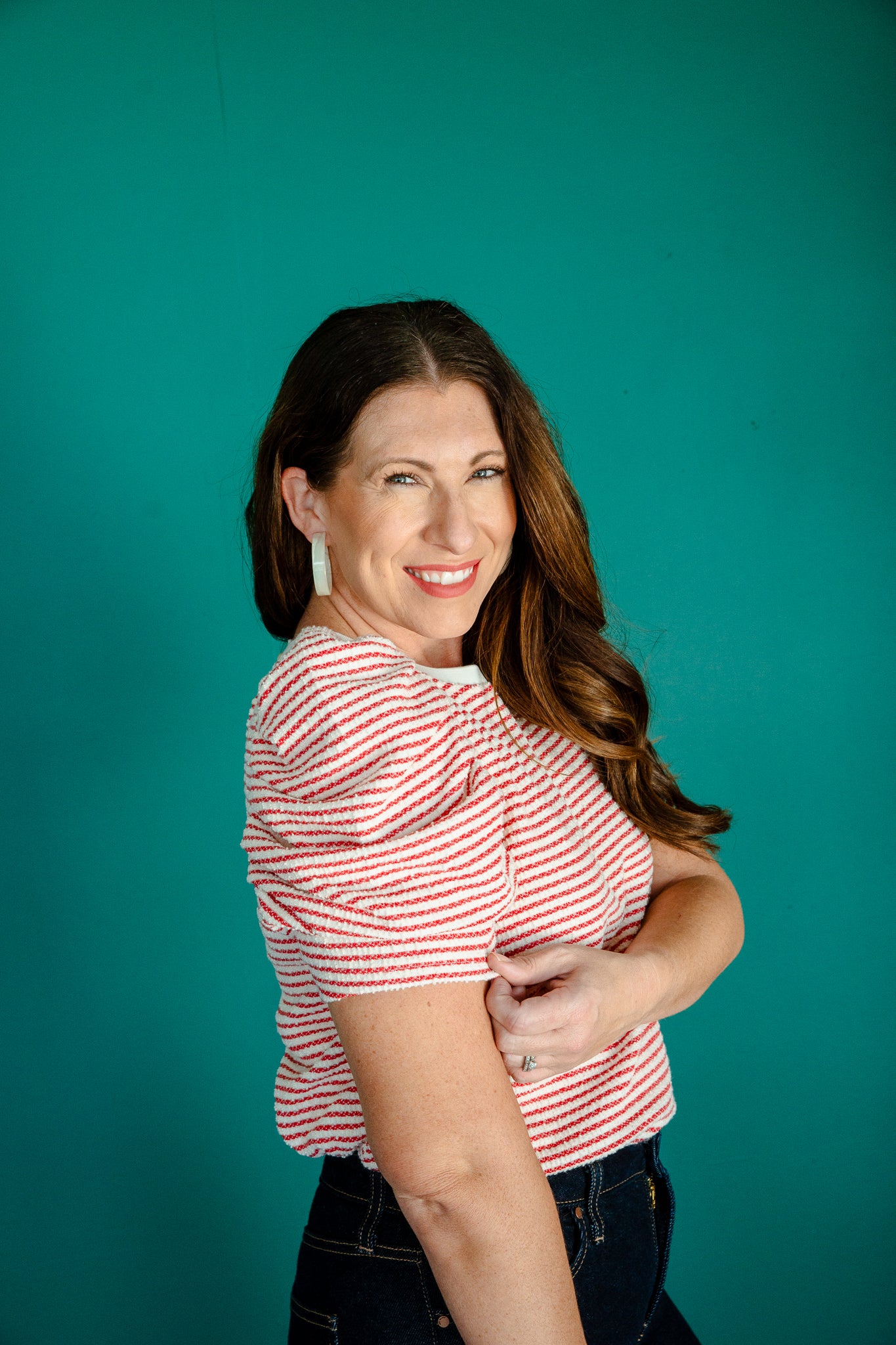 Joss Striped Puff Sleeve Top - Oyster + Brick