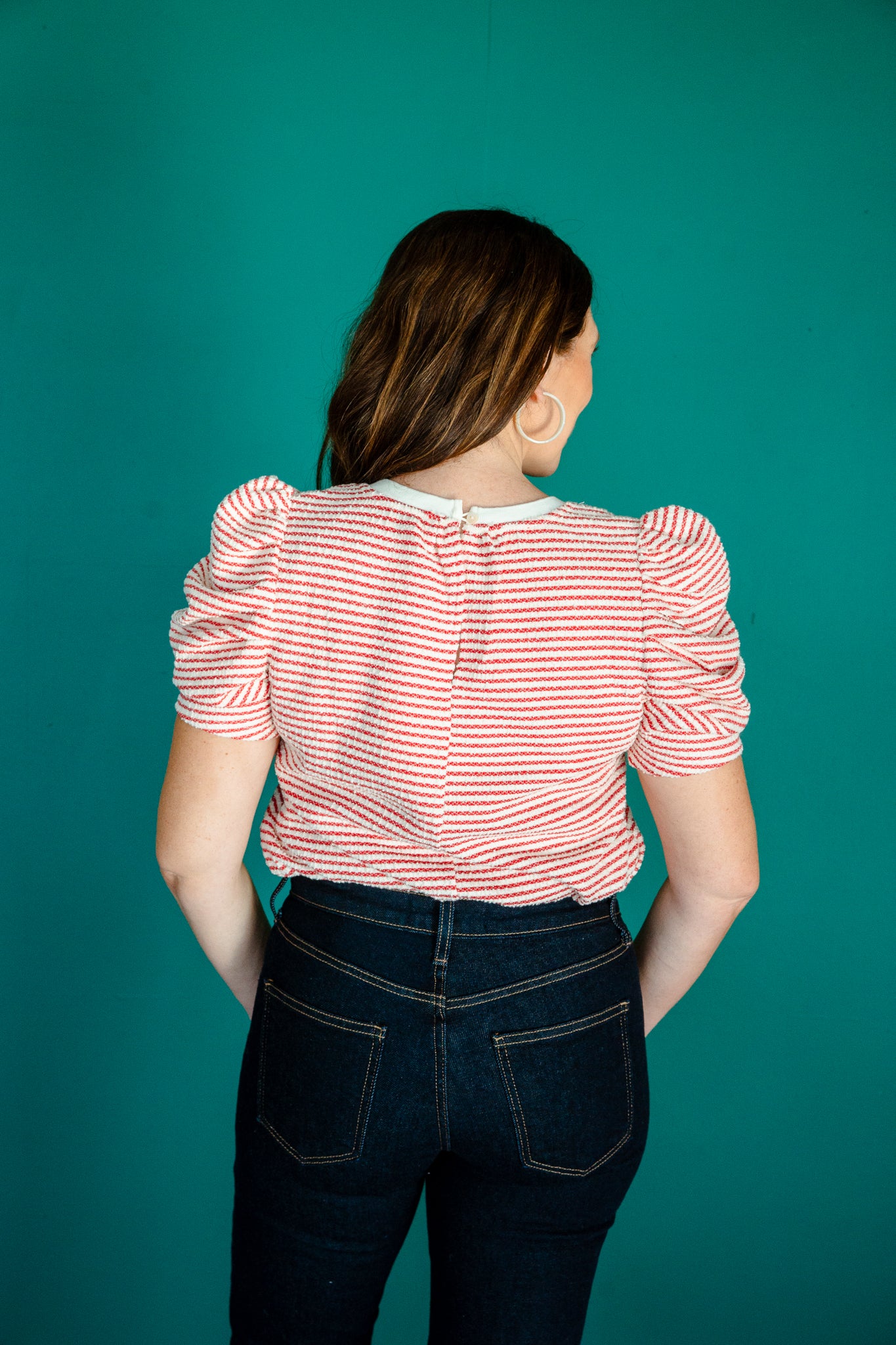 Joss Striped Puff Sleeve Top - Oyster + Brick