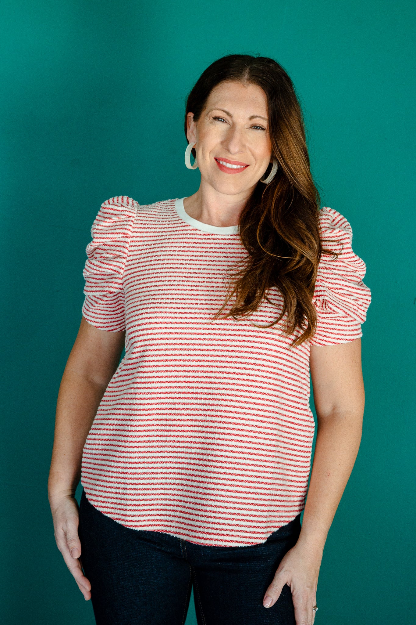 Joss Striped Puff Sleeve Top - Oyster + Brick