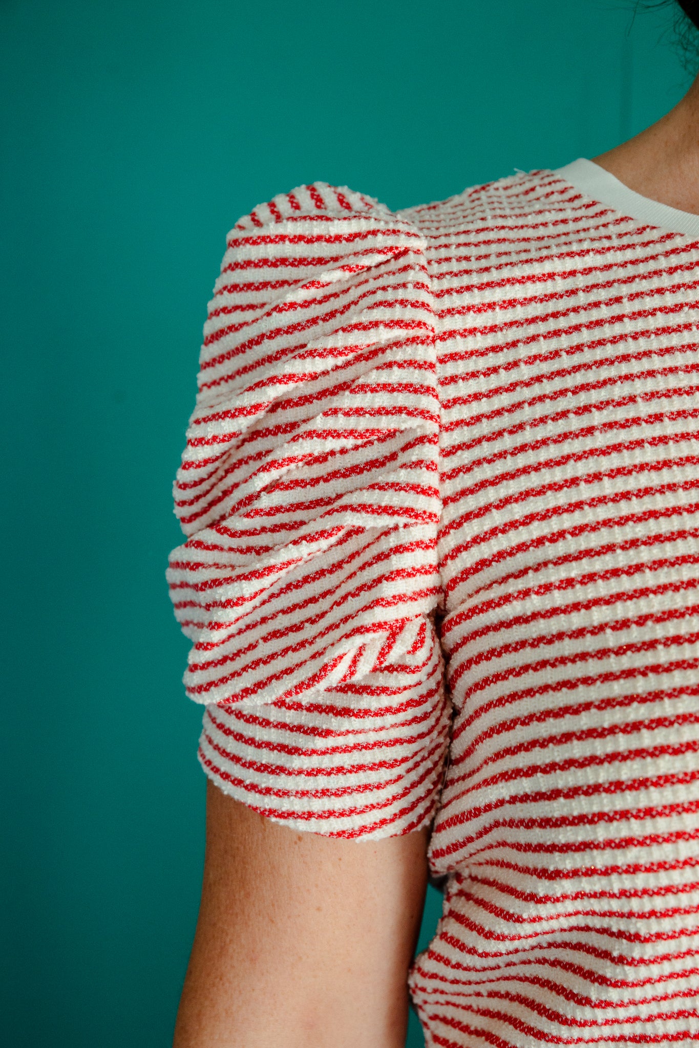Joss Striped Puff Sleeve Top - Oyster + Brick
