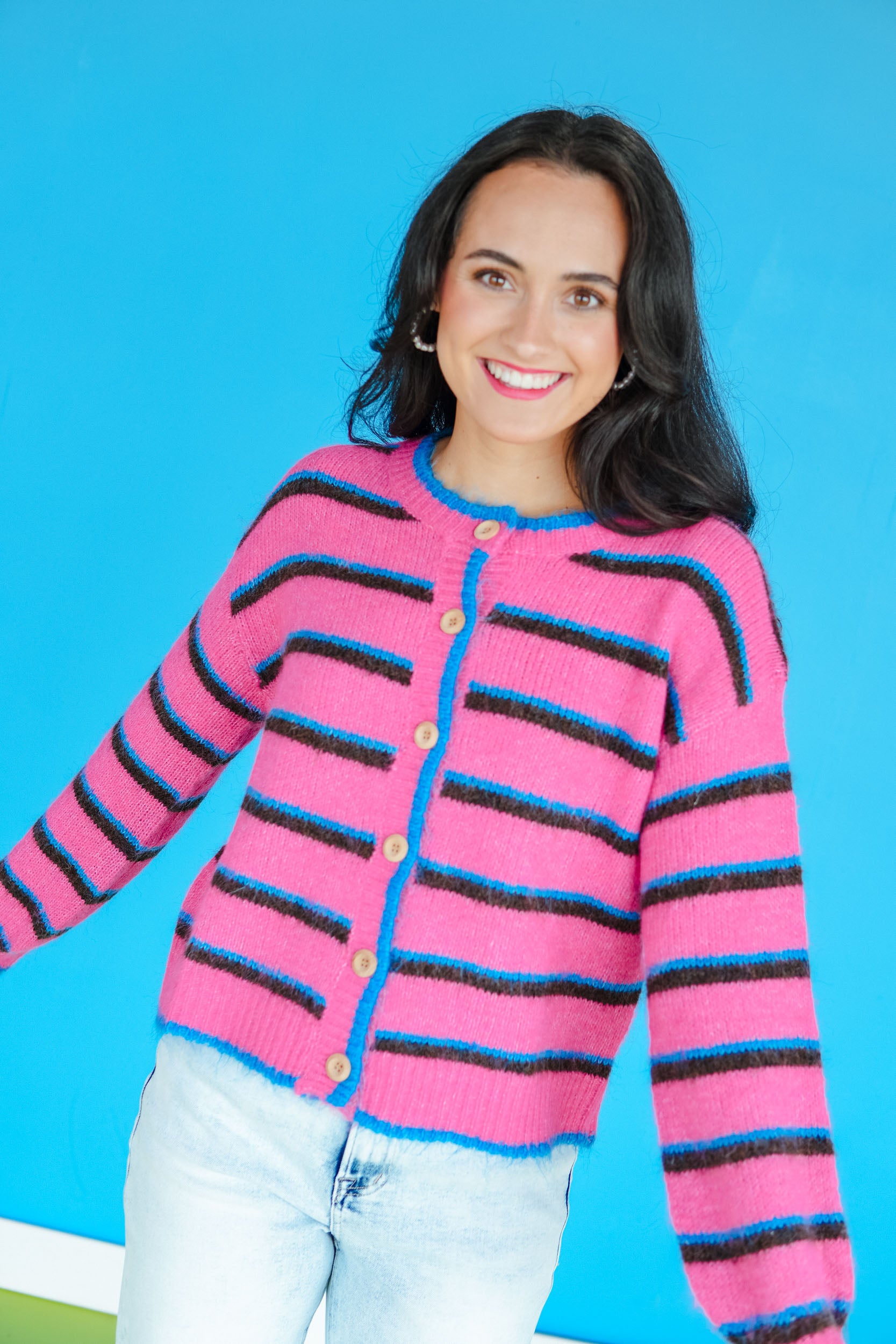 Lainey Striped Cardigan Sweater - Hot Pink