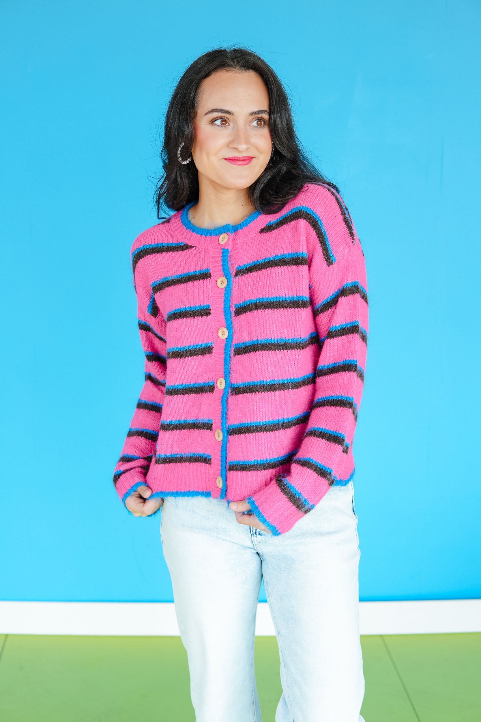 Lainey Striped Cardigan Sweater - Hot Pink