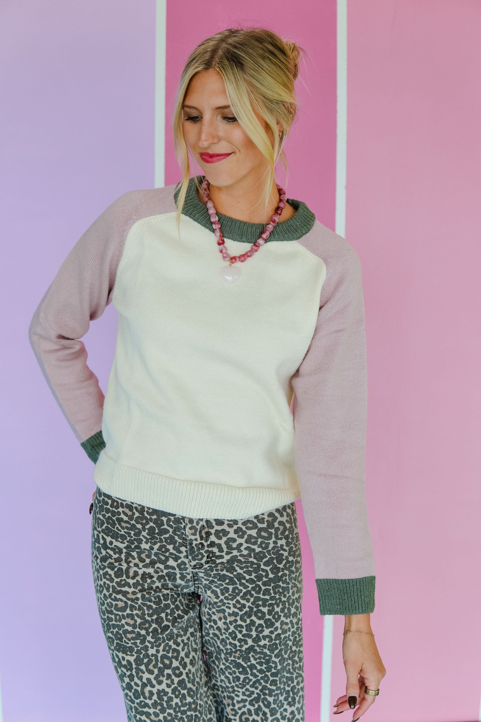 Zora Color Block Sweater - Mid Peach + Olive + Dusty