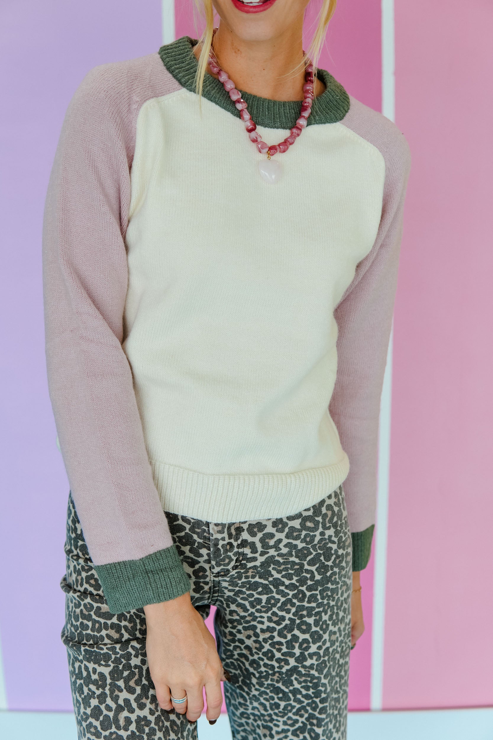 Zora Color Block Sweater - Mid Peach + Olive + Dusty