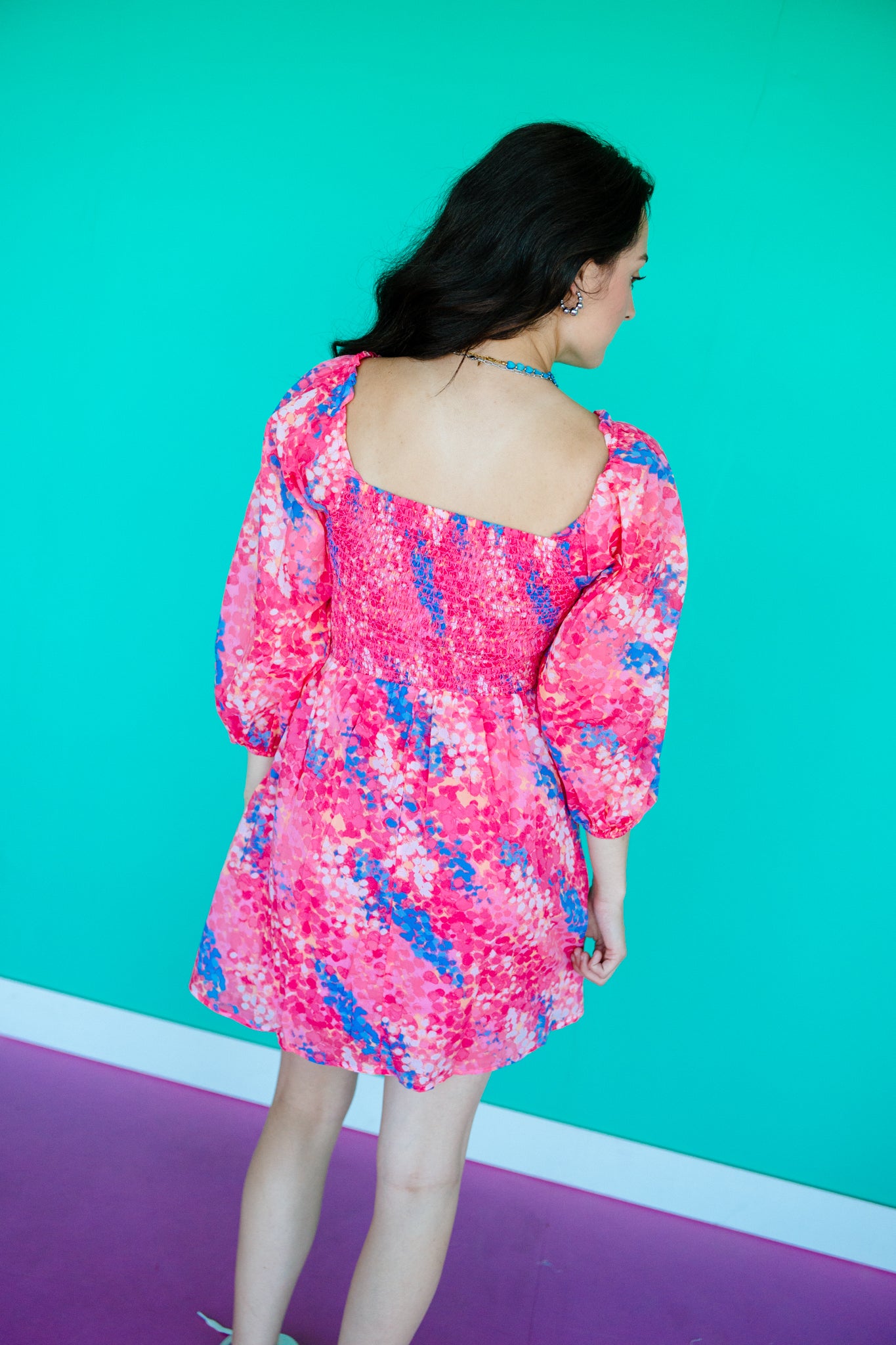 Leah Smocked Mini Dress - Shocking Pink + Bright Blue + Fuchsia