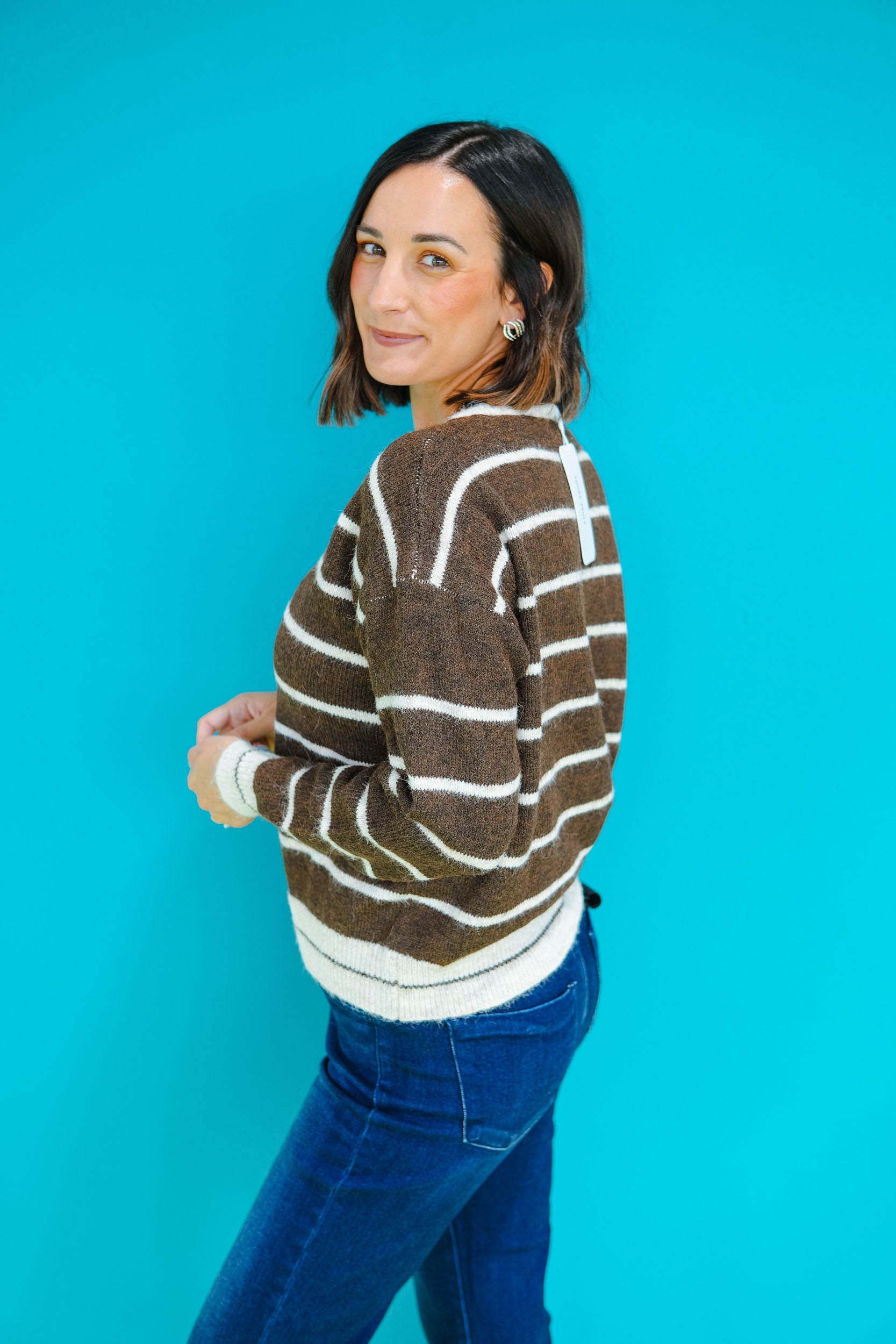 Latte Lover Striped Sweater - Oyster + Dark Brown