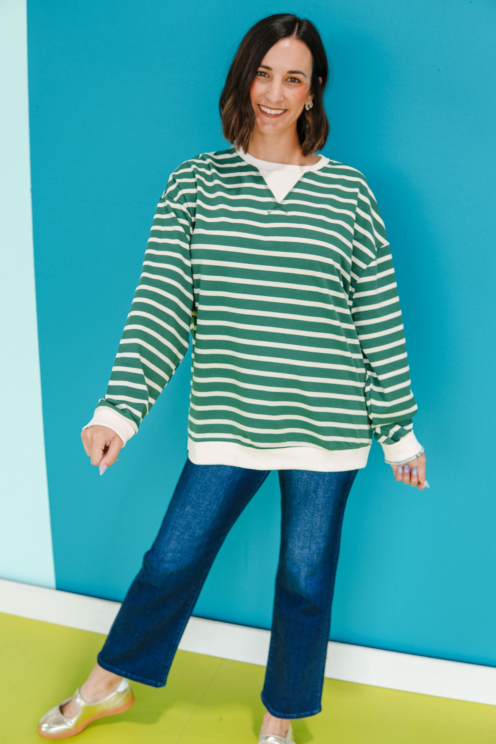 Going Places Stripe Sweater - Forest + Cream