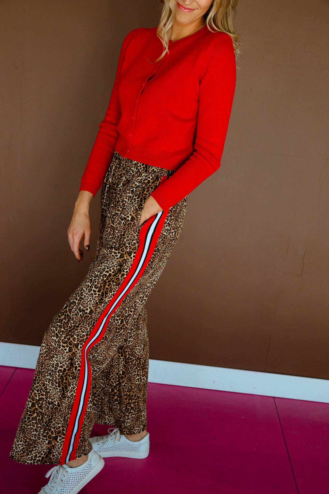 Mariah Flowy Leopard Pants - Tan + Brown + True Red