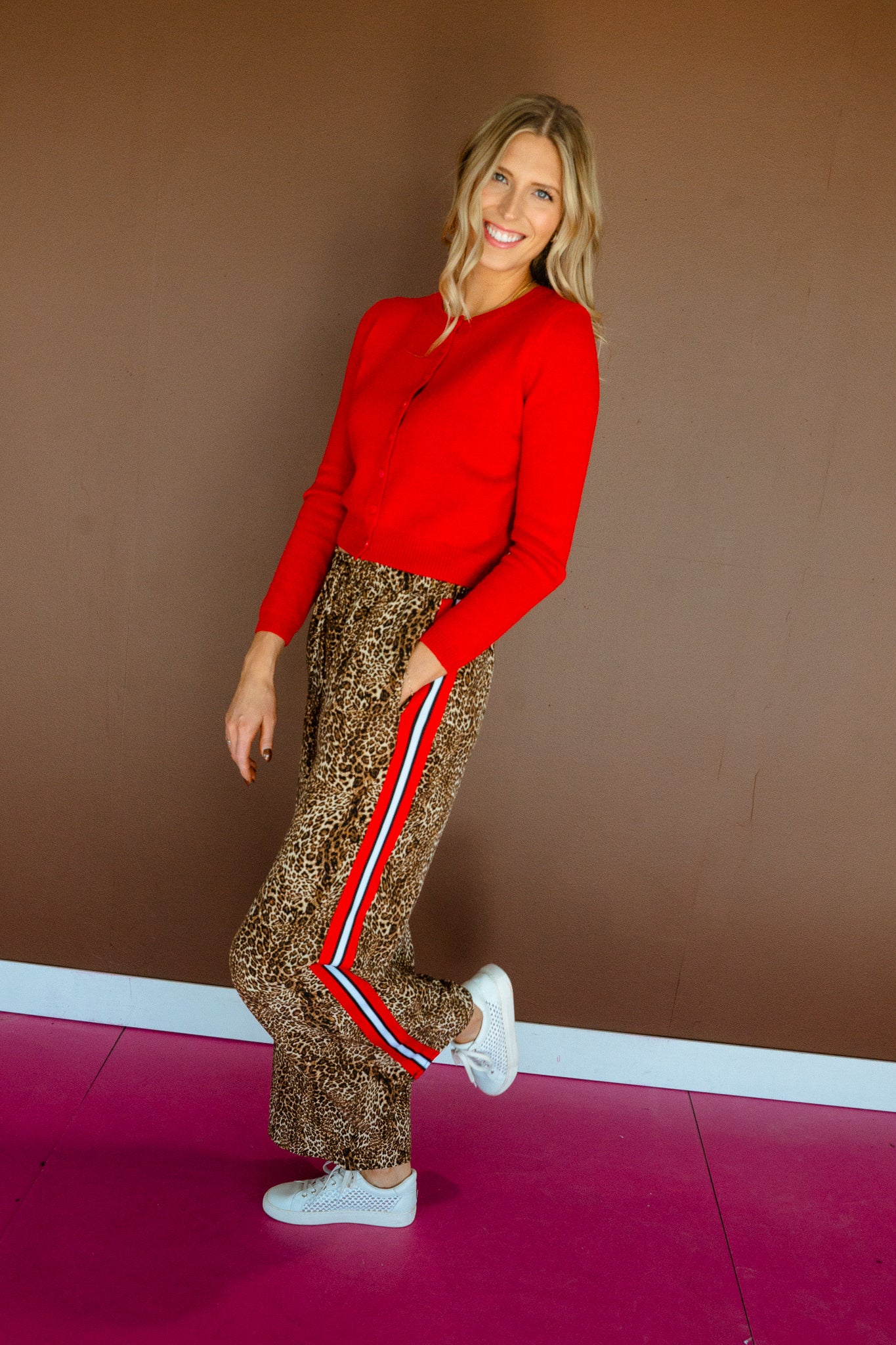 Mariah Flowy Leopard Pants - Tan + Brown + True Red